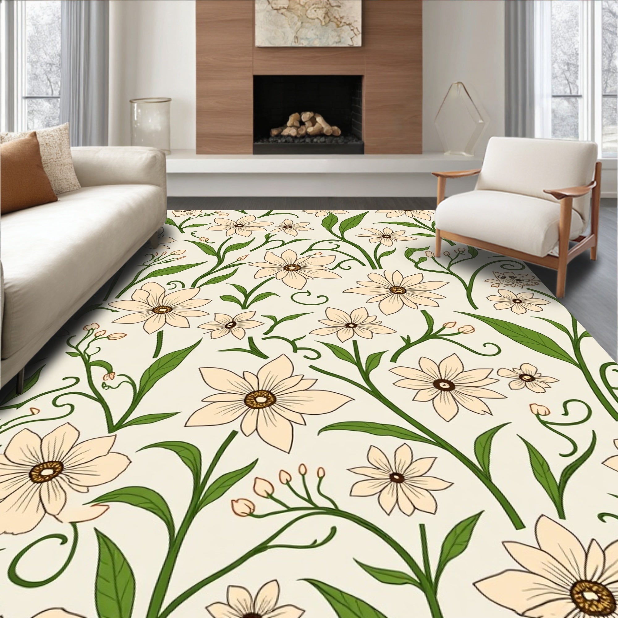 Cream Floral Vine and Leaf Design Rug