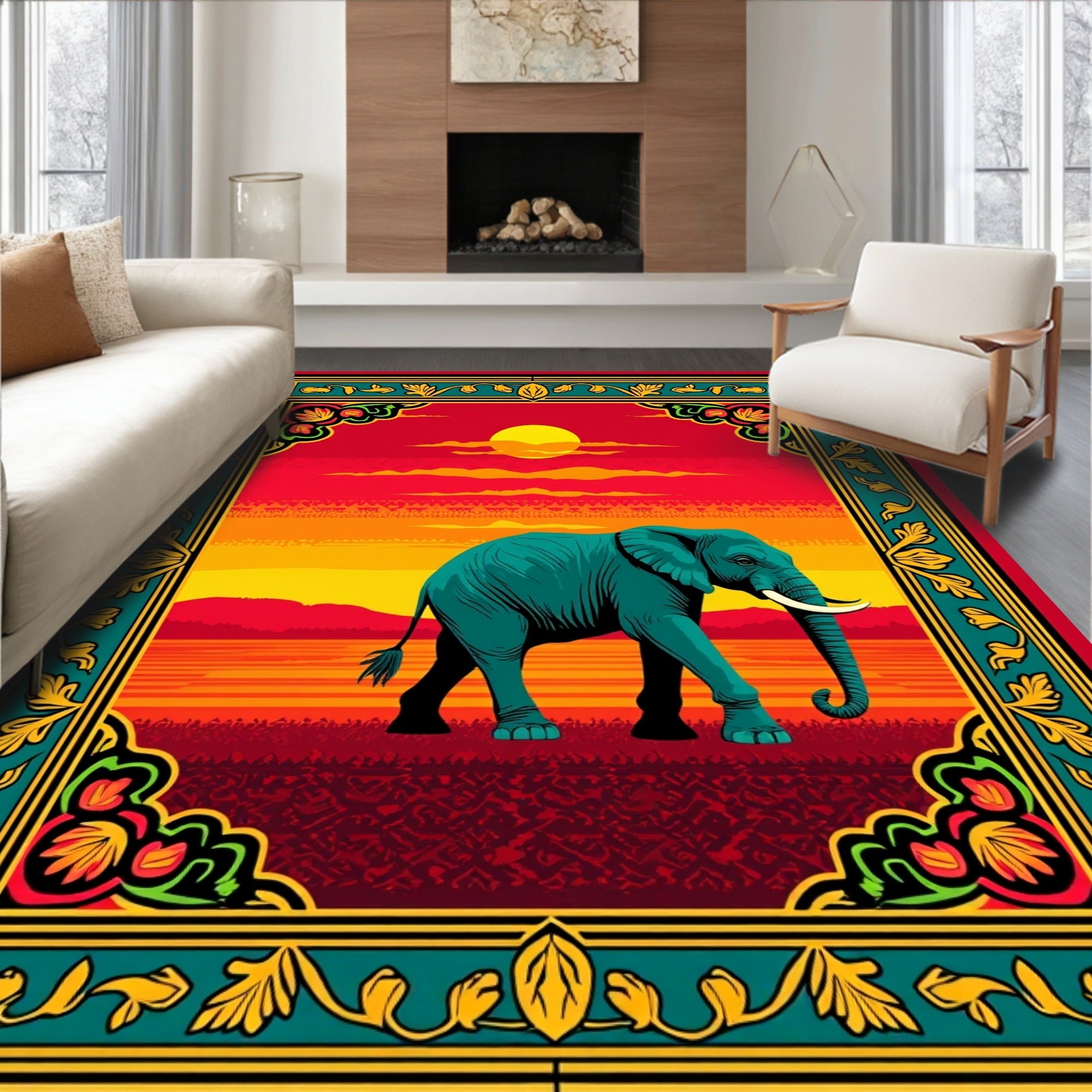 Jade Elephant Sunset Floral Border Design Rug