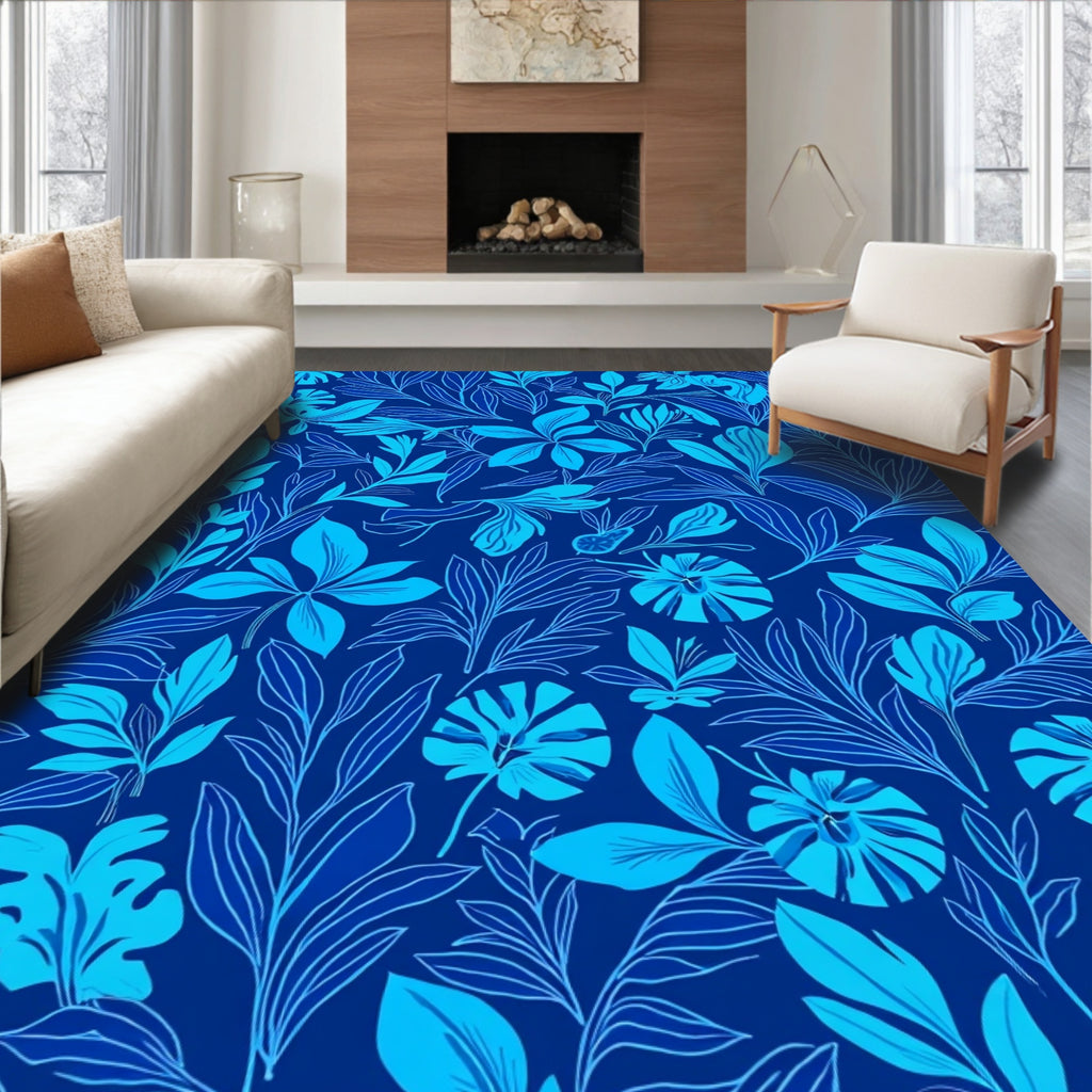 Deep Blue Floral Line Art Rug