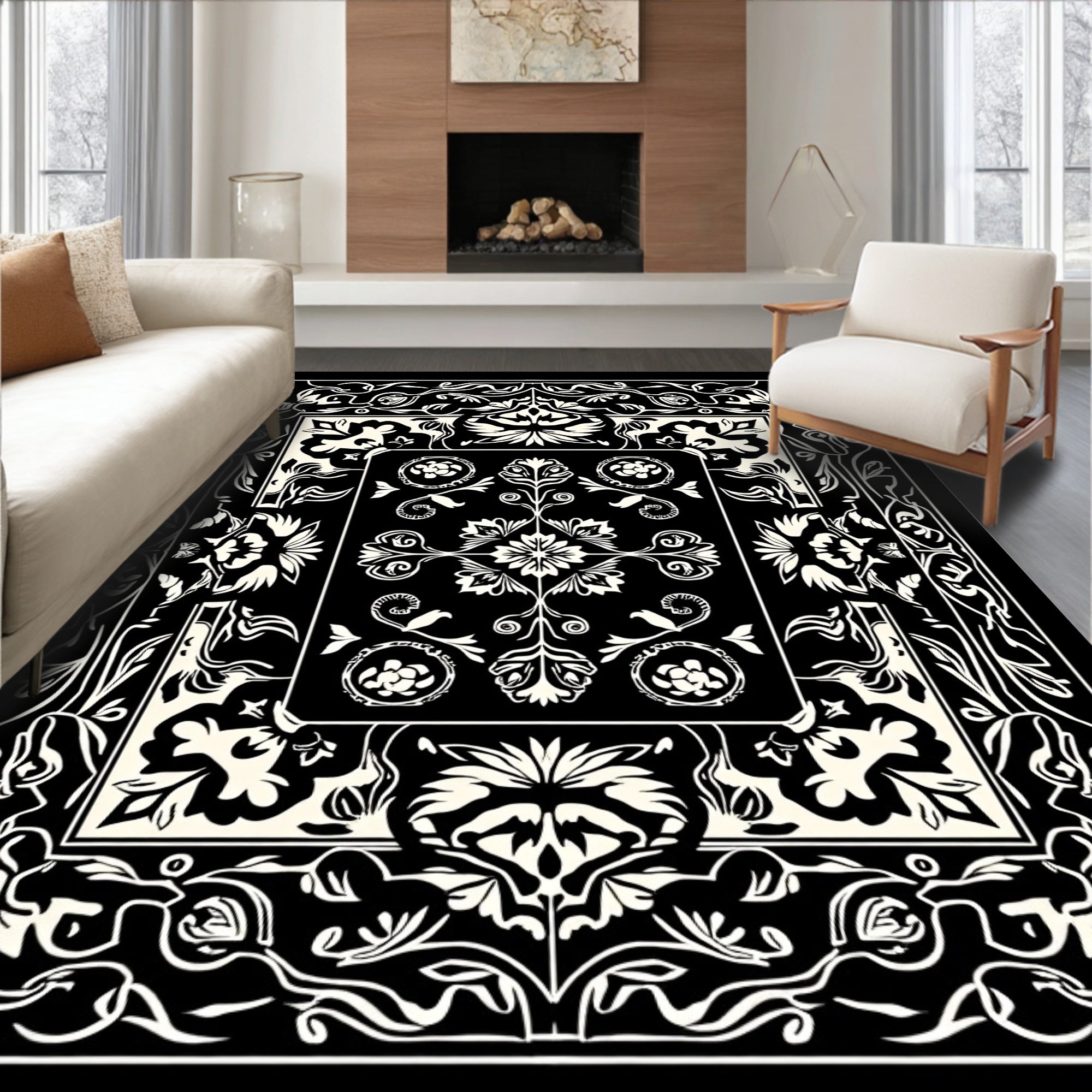 Black White Ornate Floral Scroll Pattern Rug