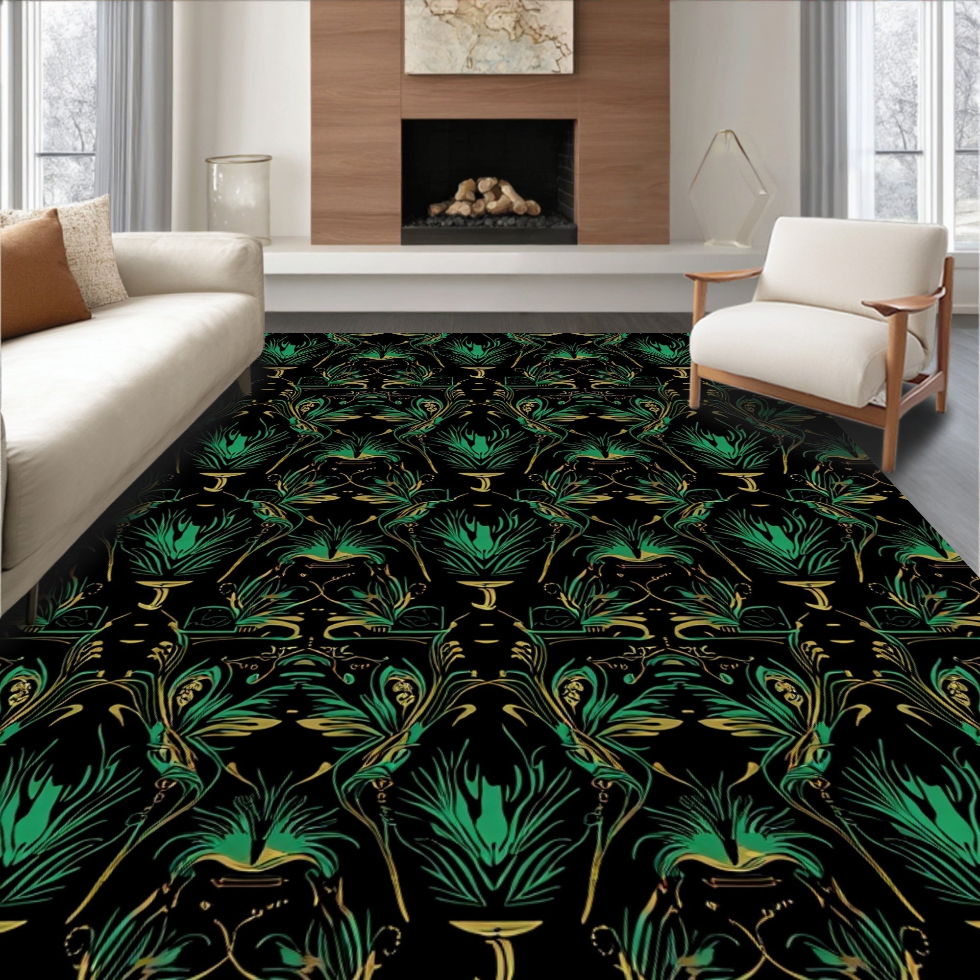 Exotic Emerald Gold Floral Pattern Rug