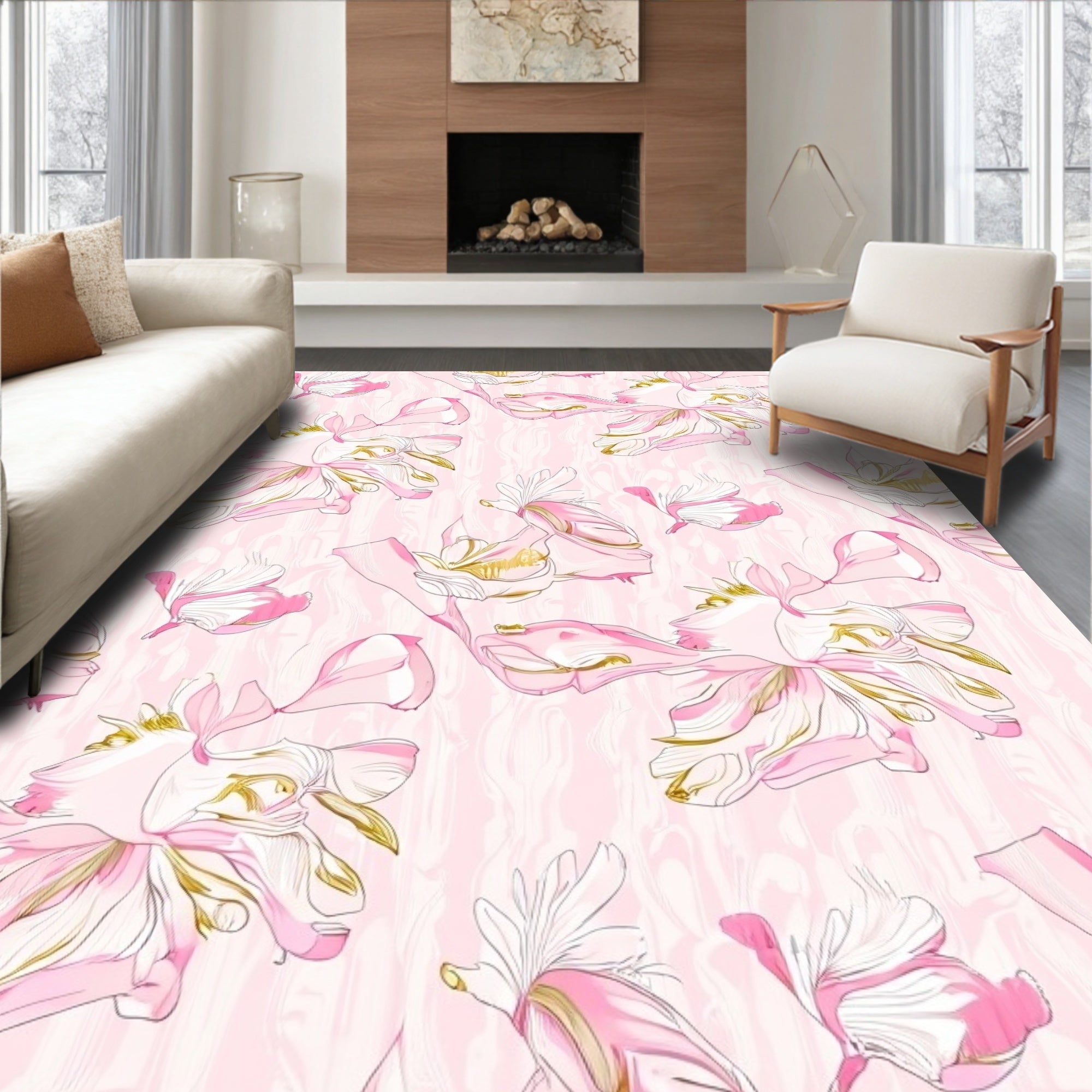 Pink Floral Pattern with Gold Accents Rug
