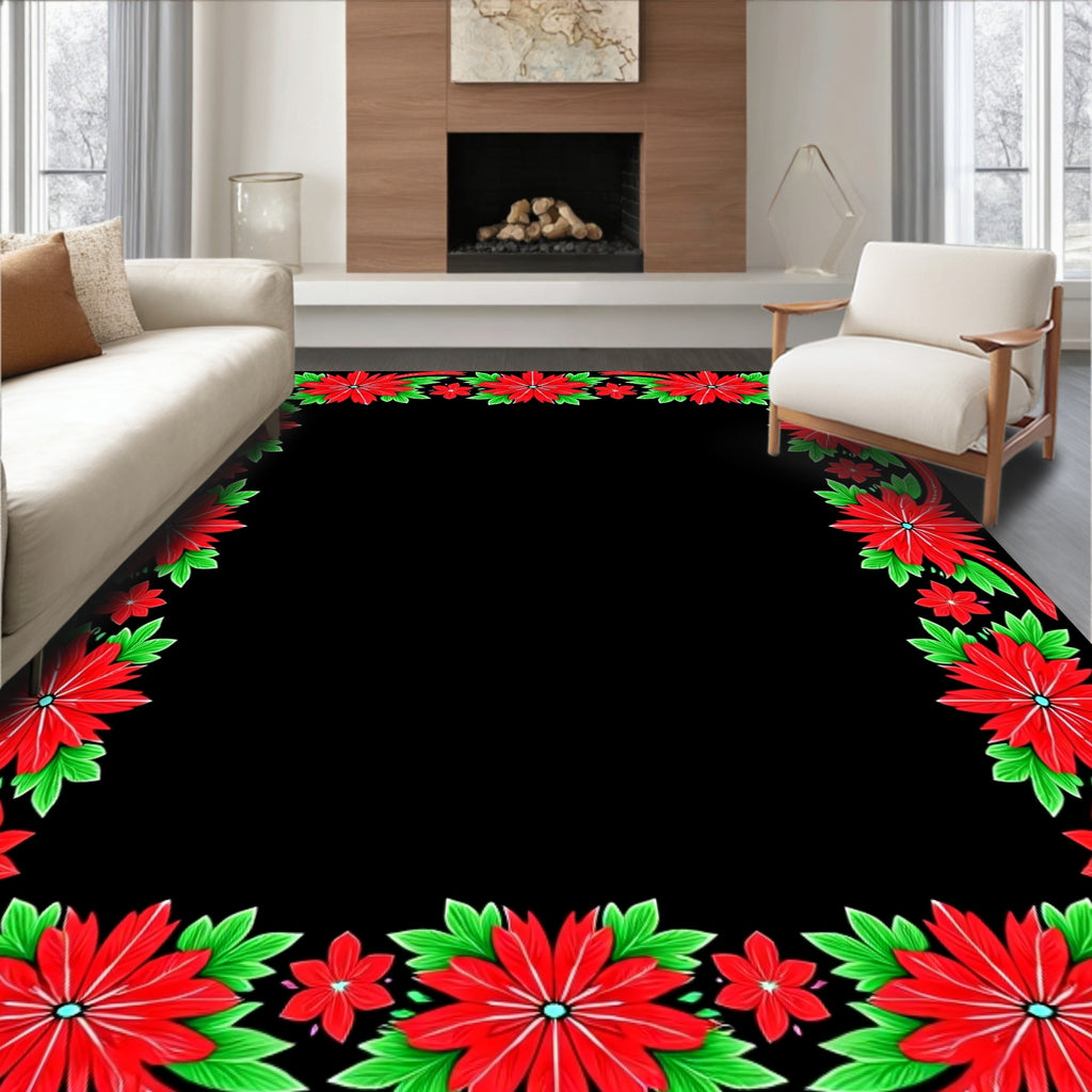 Bright Red Poinsettia Floral Border Rug
