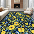 Vibrant Yellow Blue Floral Pattern Rug