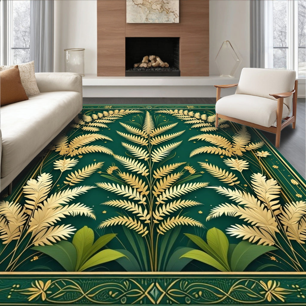Elegant Gold Fern Botanical Art Rug