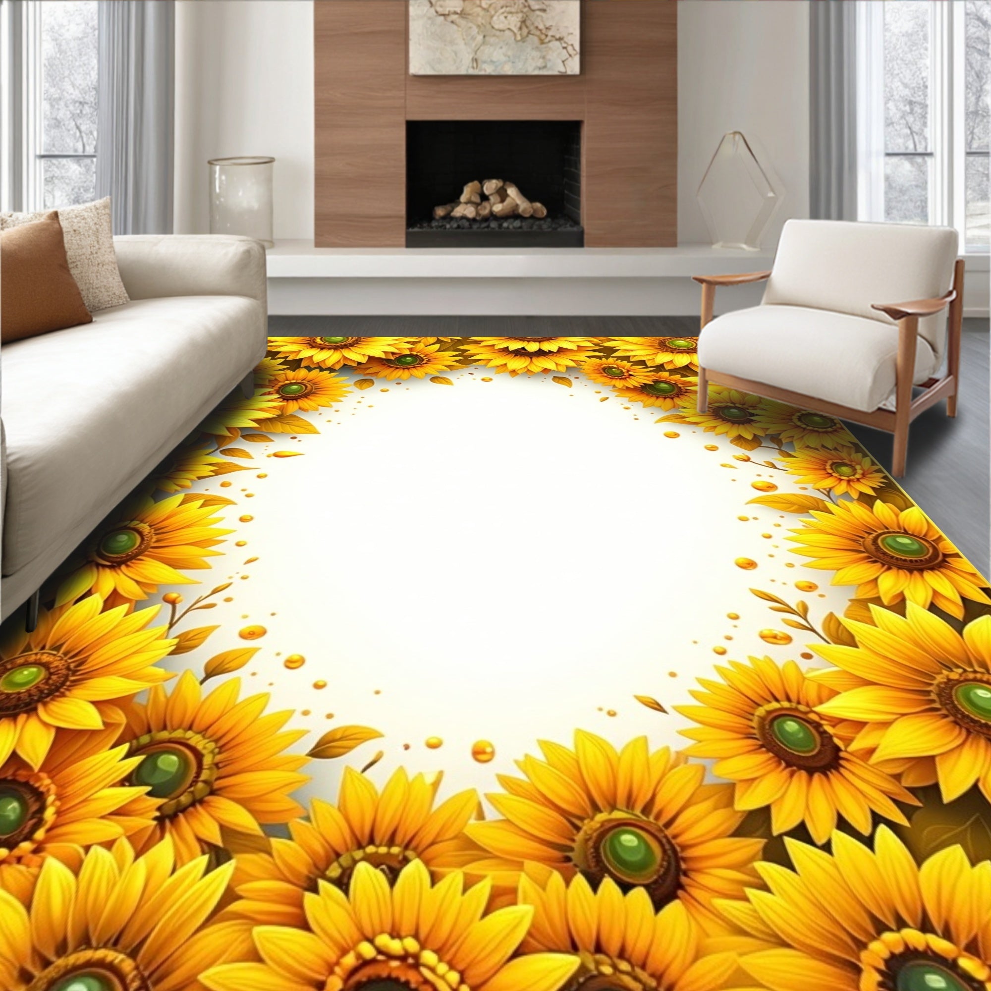 Golden Sunflowers Patterned Yellow Rug