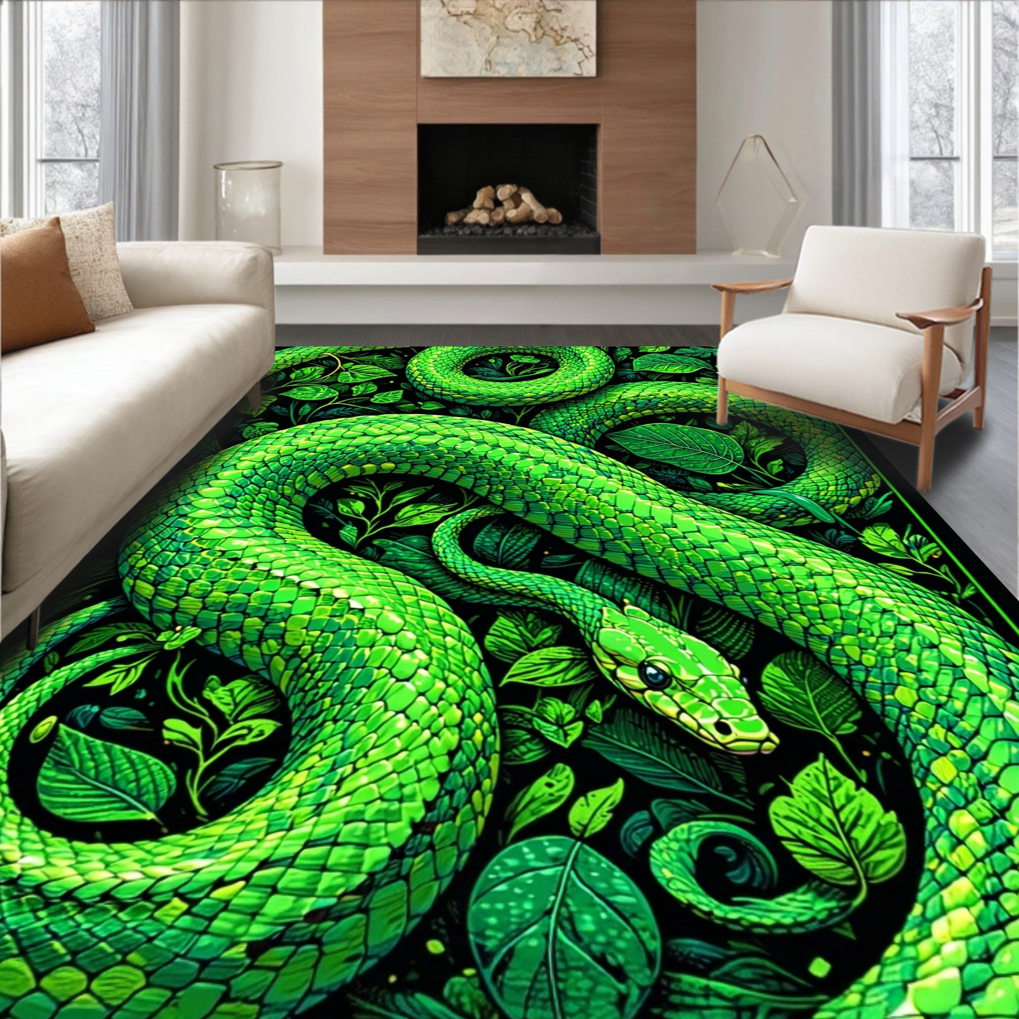 Vibrant Green Serpent Forest Pattern Rug
