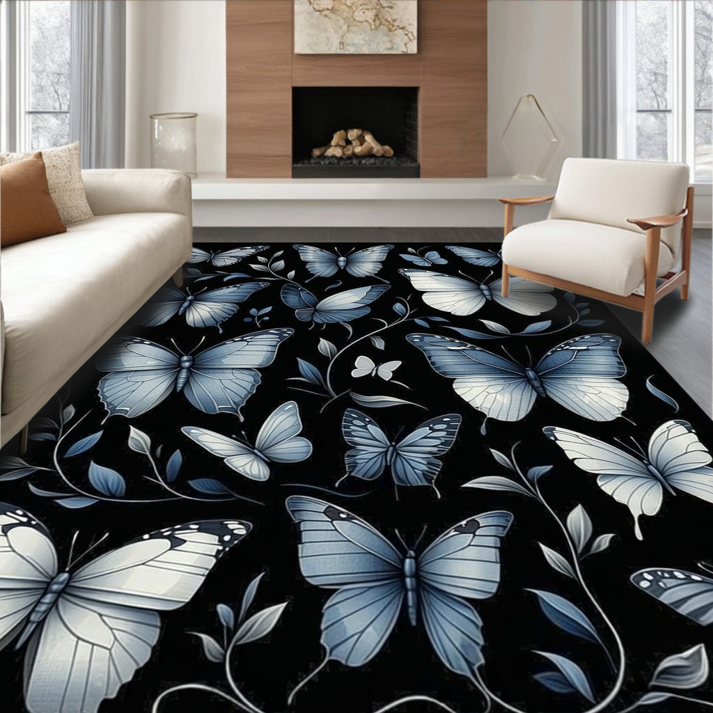 Elegant Blue Butterfly Garden Print Rug