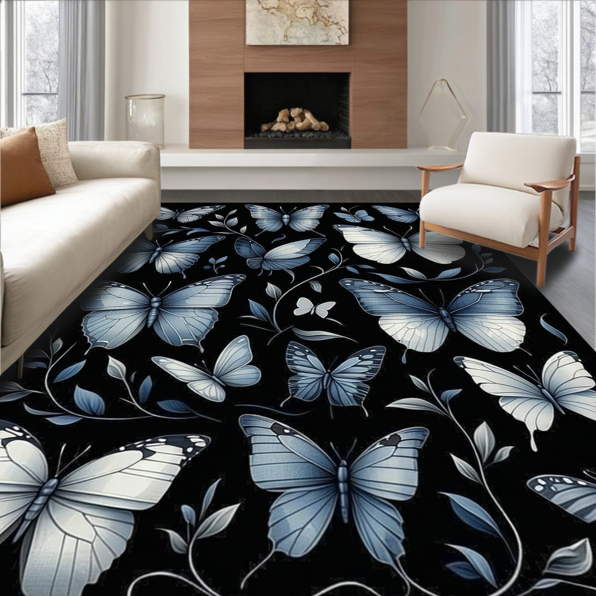 Elegant Blue Butterfly Garden Print Rug