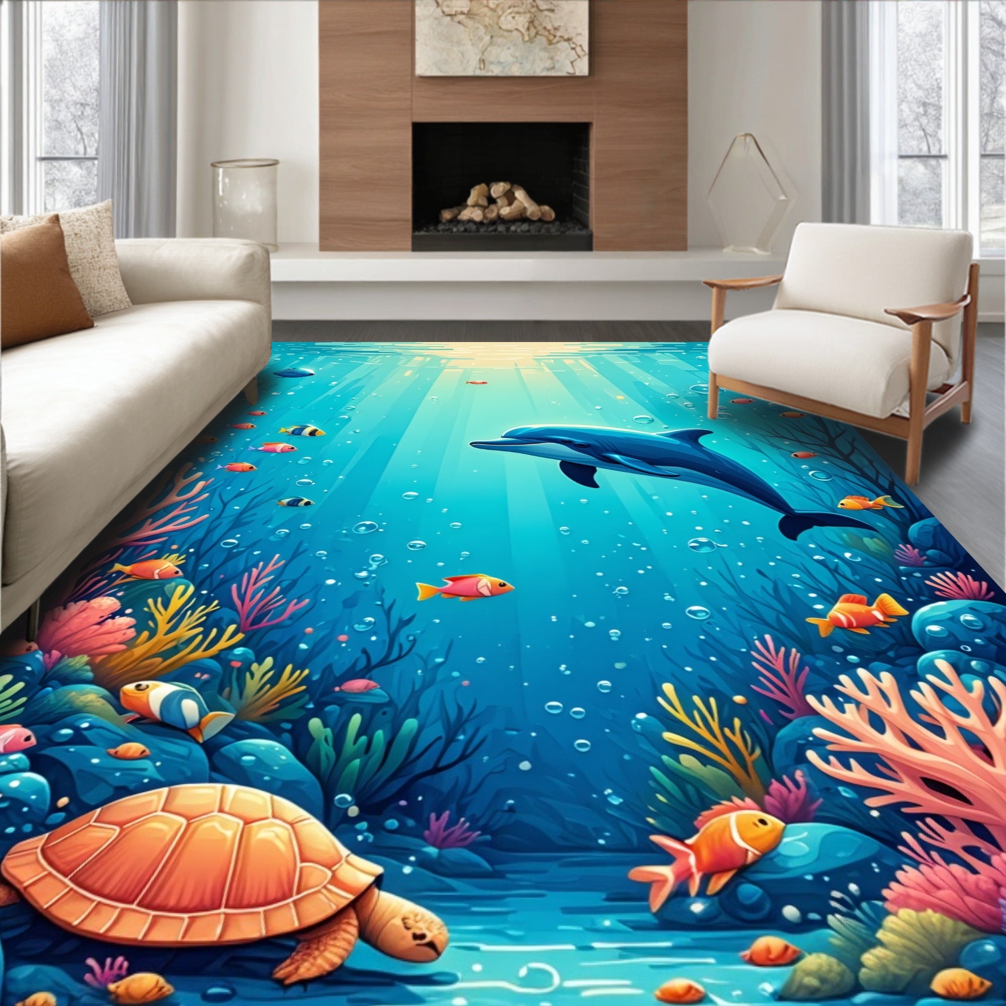 Underwater Dolphin Coral Reef Scene Rug