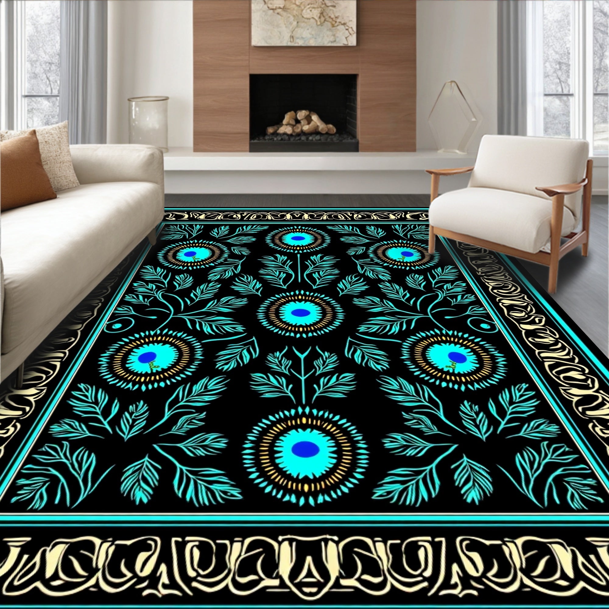 Turquoise Floral Medallion Pattern Rug
