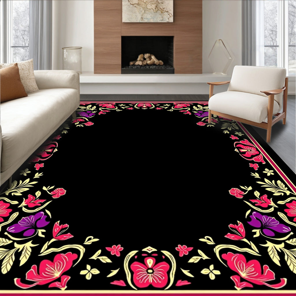 Floral Frame Vibrant Red Purple Design Rug