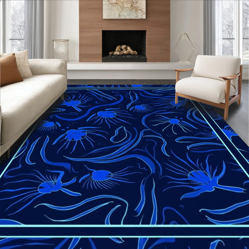 Abstract Blue Floral Swirls Design Rug