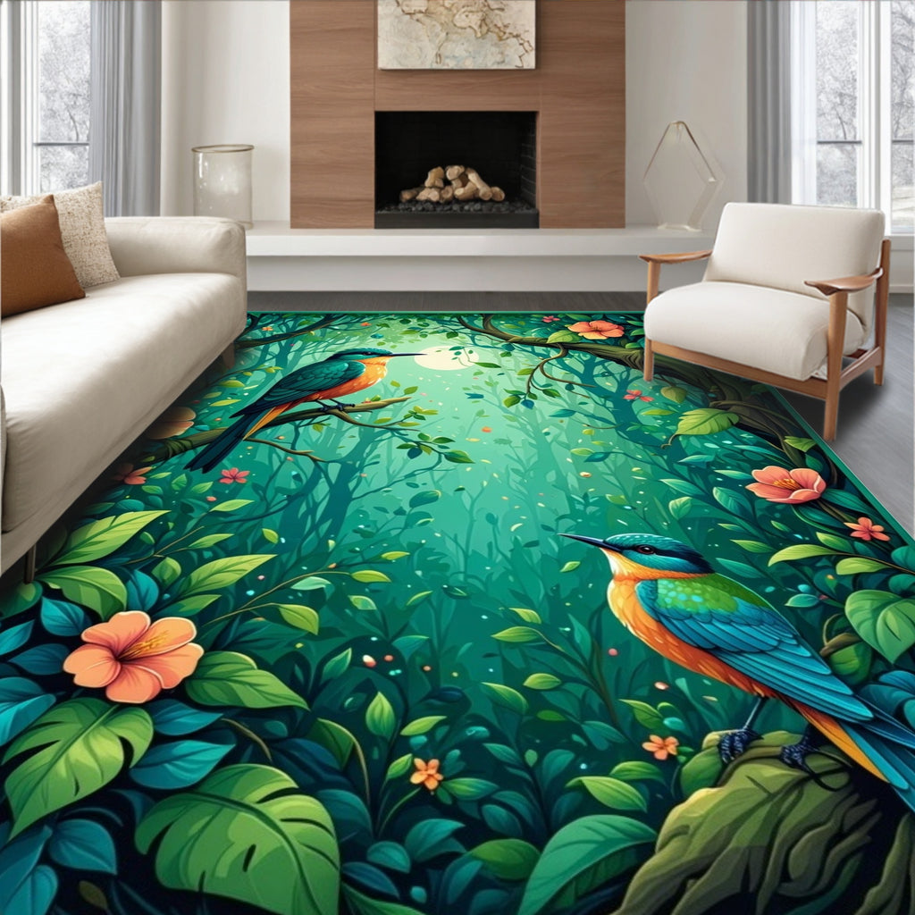 Vivid Bird Floral Jungle Scene Rug