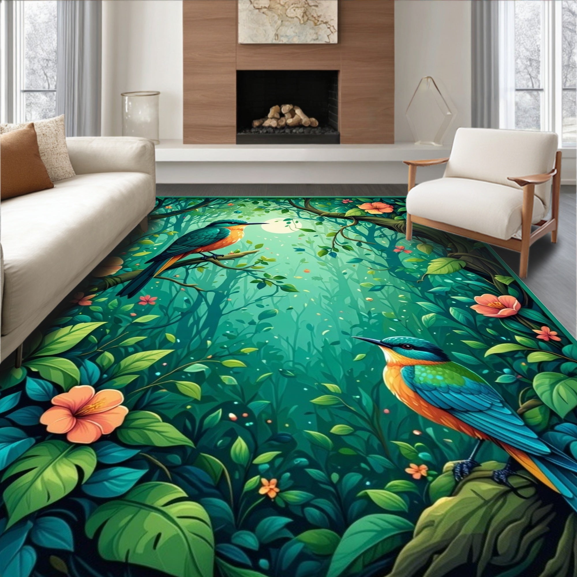 Vivid Bird Floral Jungle Scene Rug