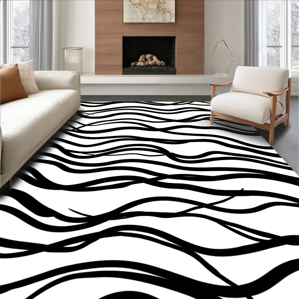 Black White Wavy Stripe Pattern Rug
