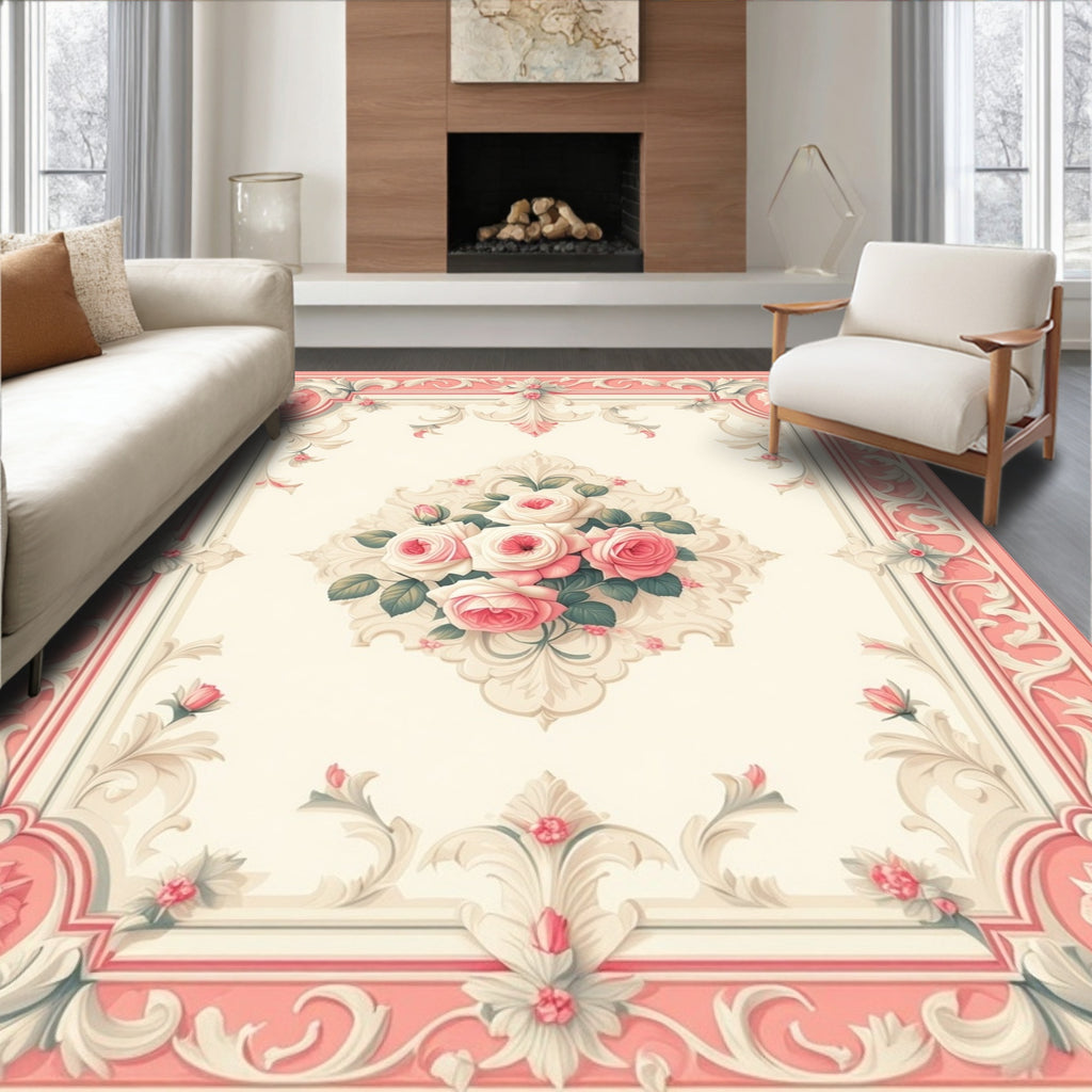 Ornate Floral Scrollwork Pink Roses Rug