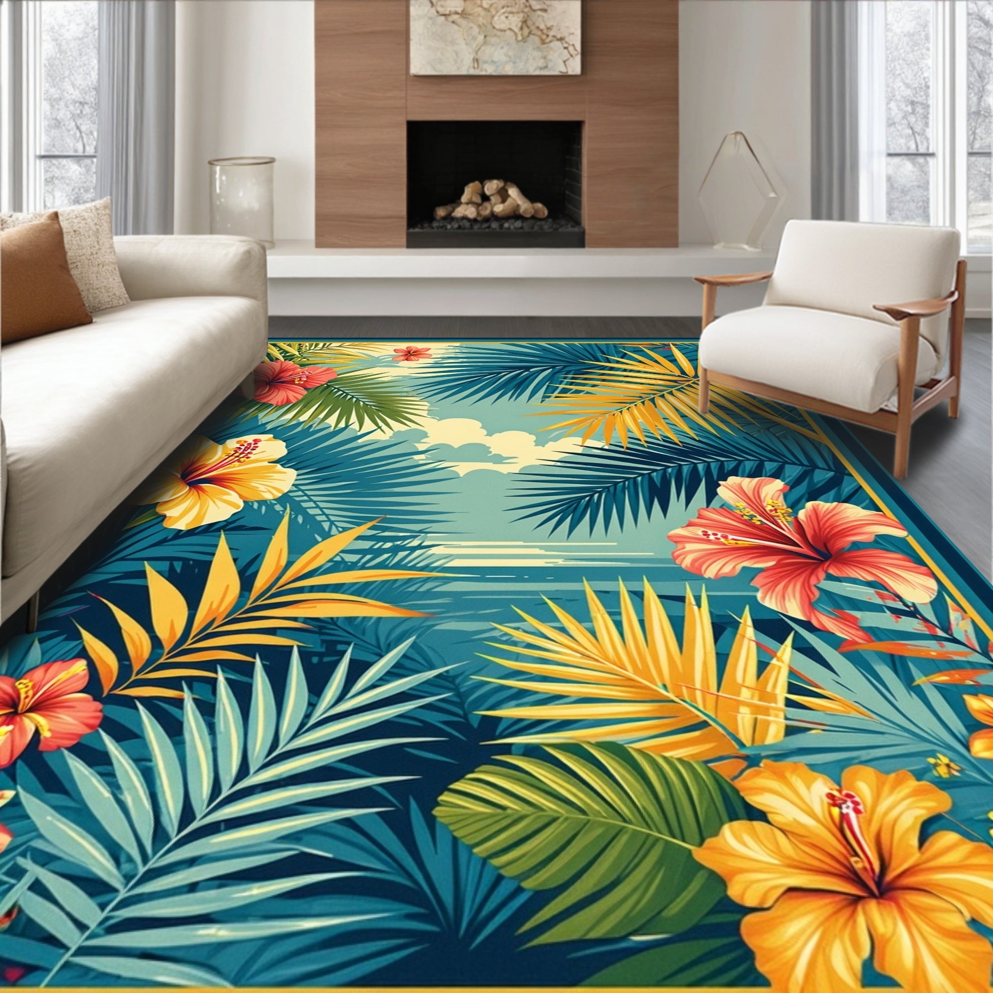 Tropical Hibiscus Floral Leaf Pattern Rug