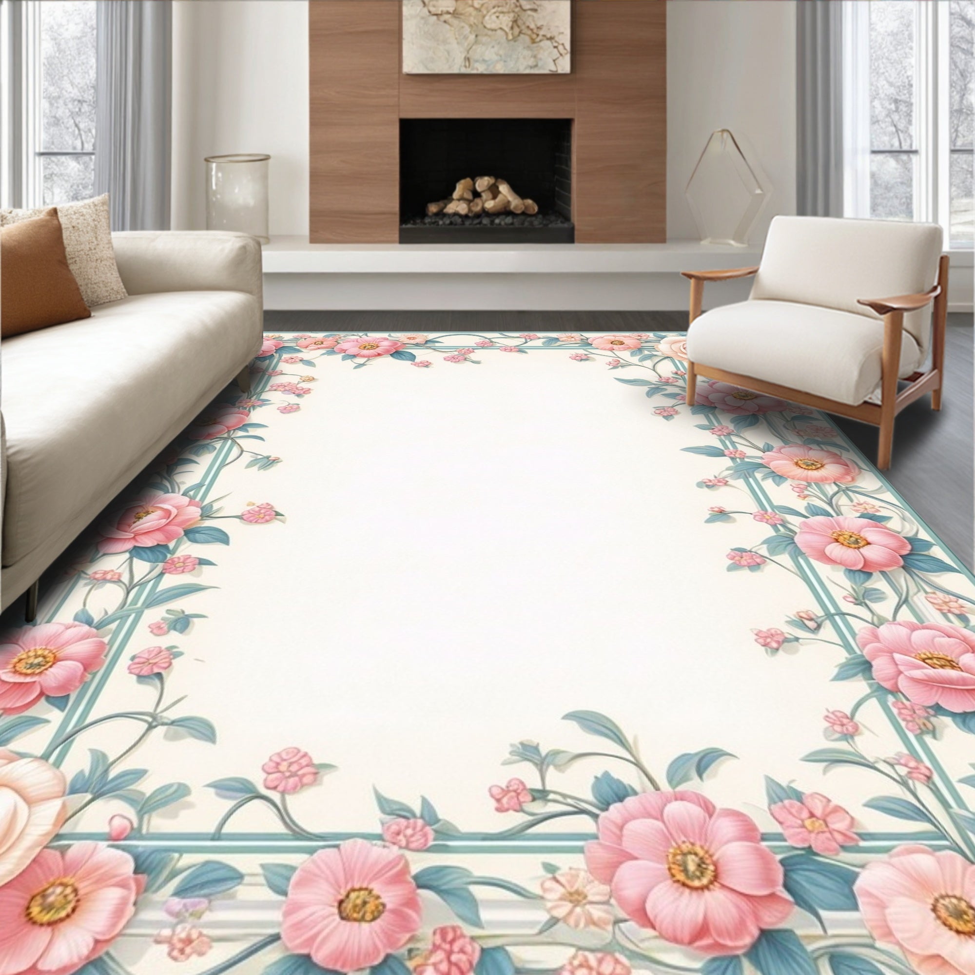 Pastel Pink Floral Vine Pattern Rug
