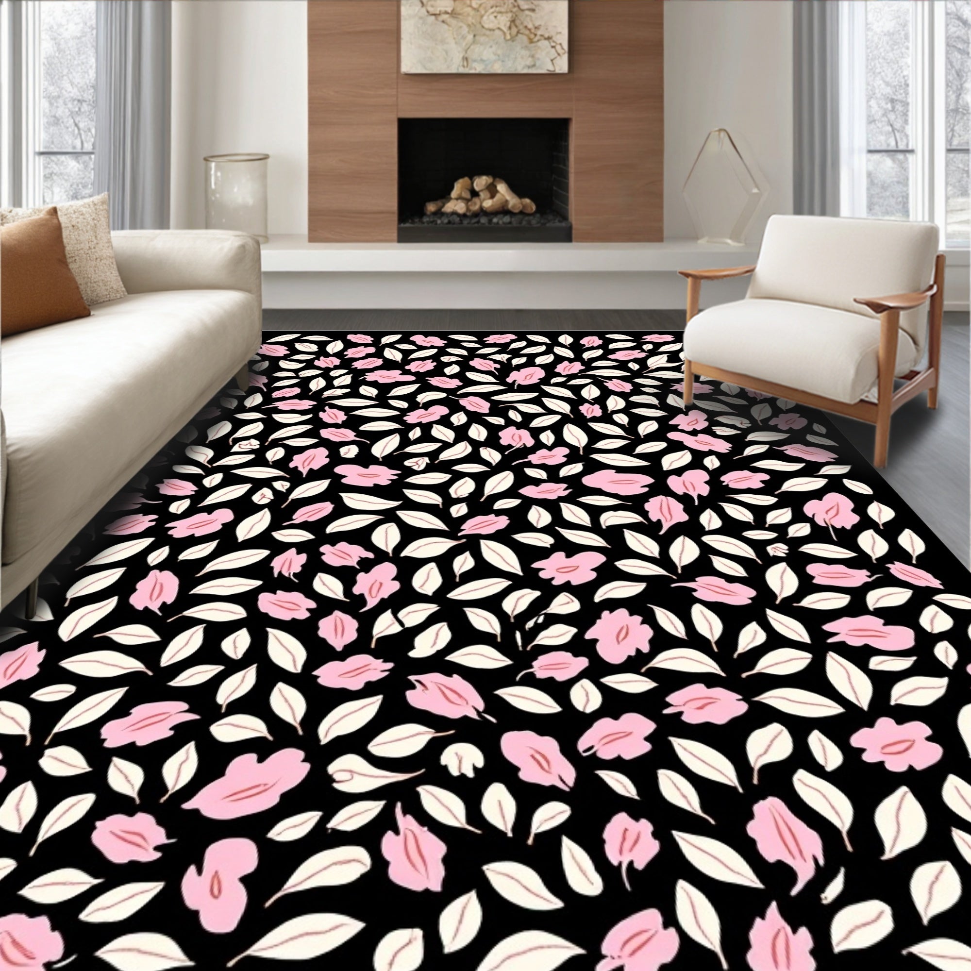 Floral Whimsical Pink Cream Pattern Rug