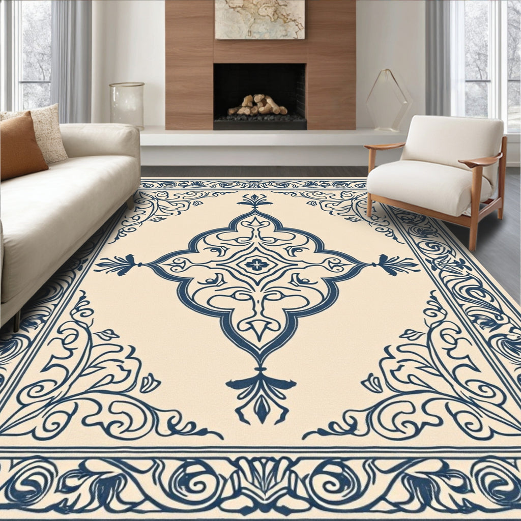 Ornate Navy Scrollwork Ceramic Tile Rug