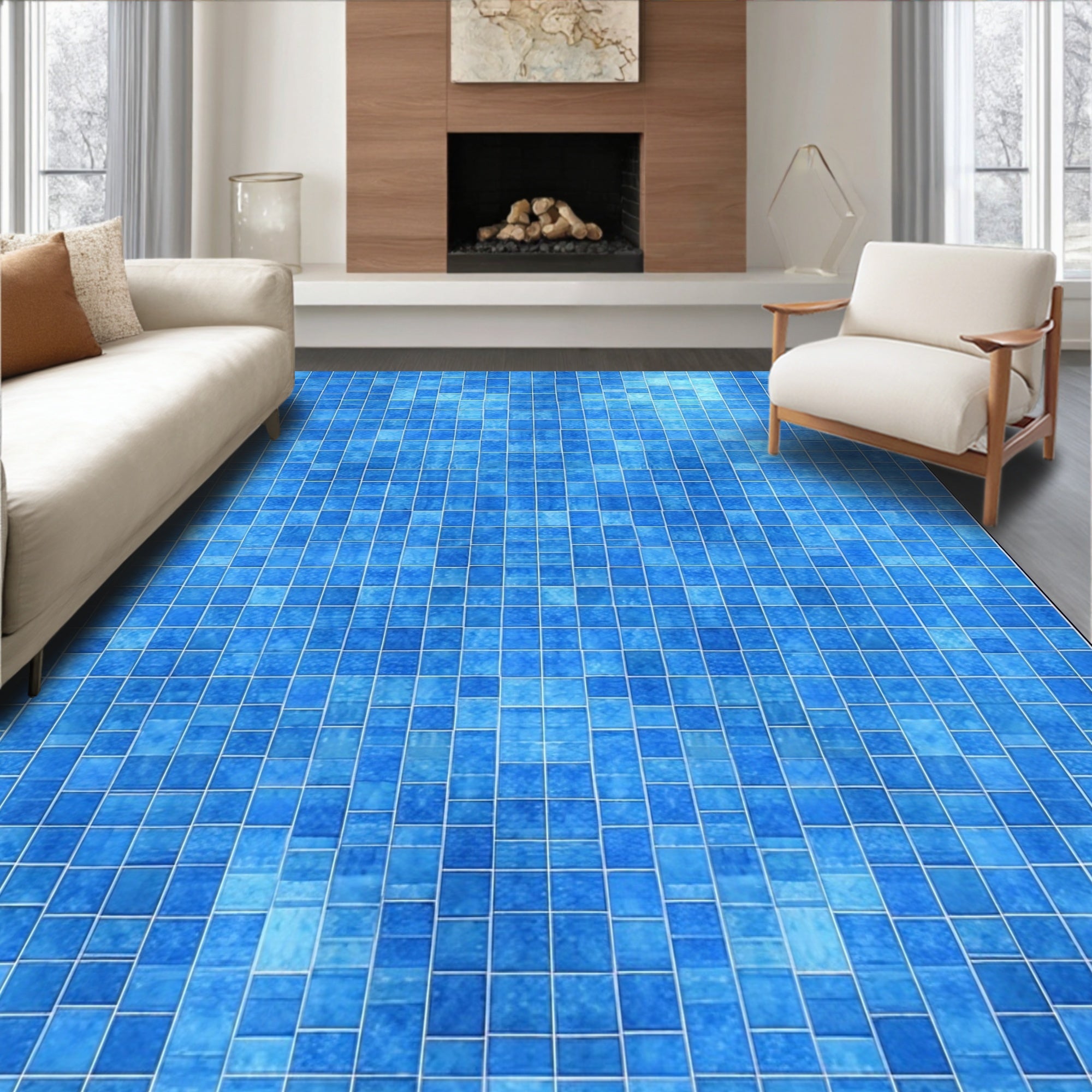 Ocean Blue Tiled Pattern Rug