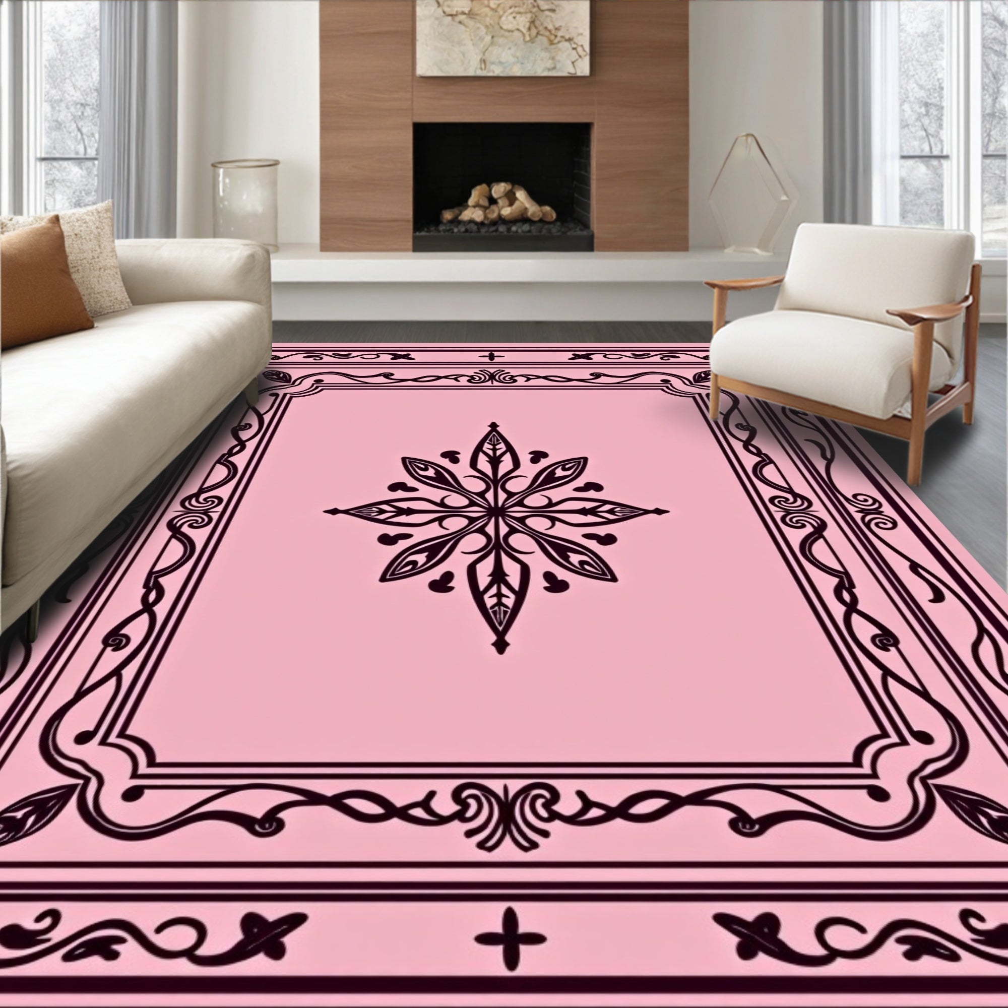 Elaborate Scrollwork Floral Pattern Rug