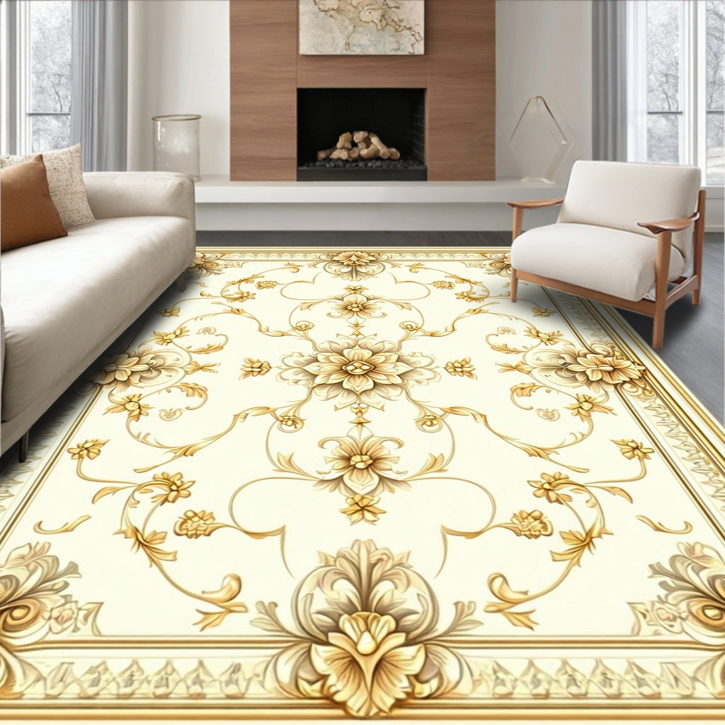 Ornate Floral Golden Cream Patterned Rug