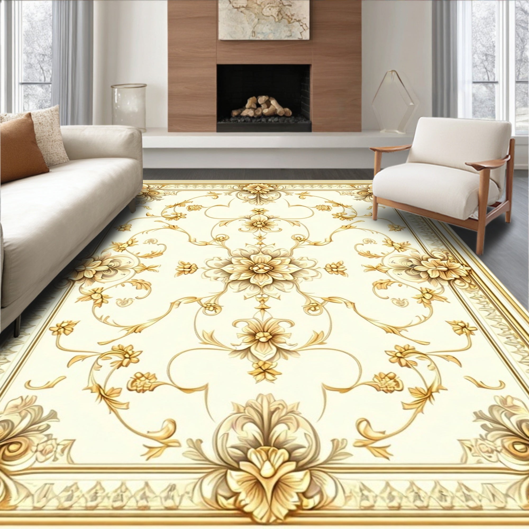 Ornate Floral Golden Cream Patterned Rug