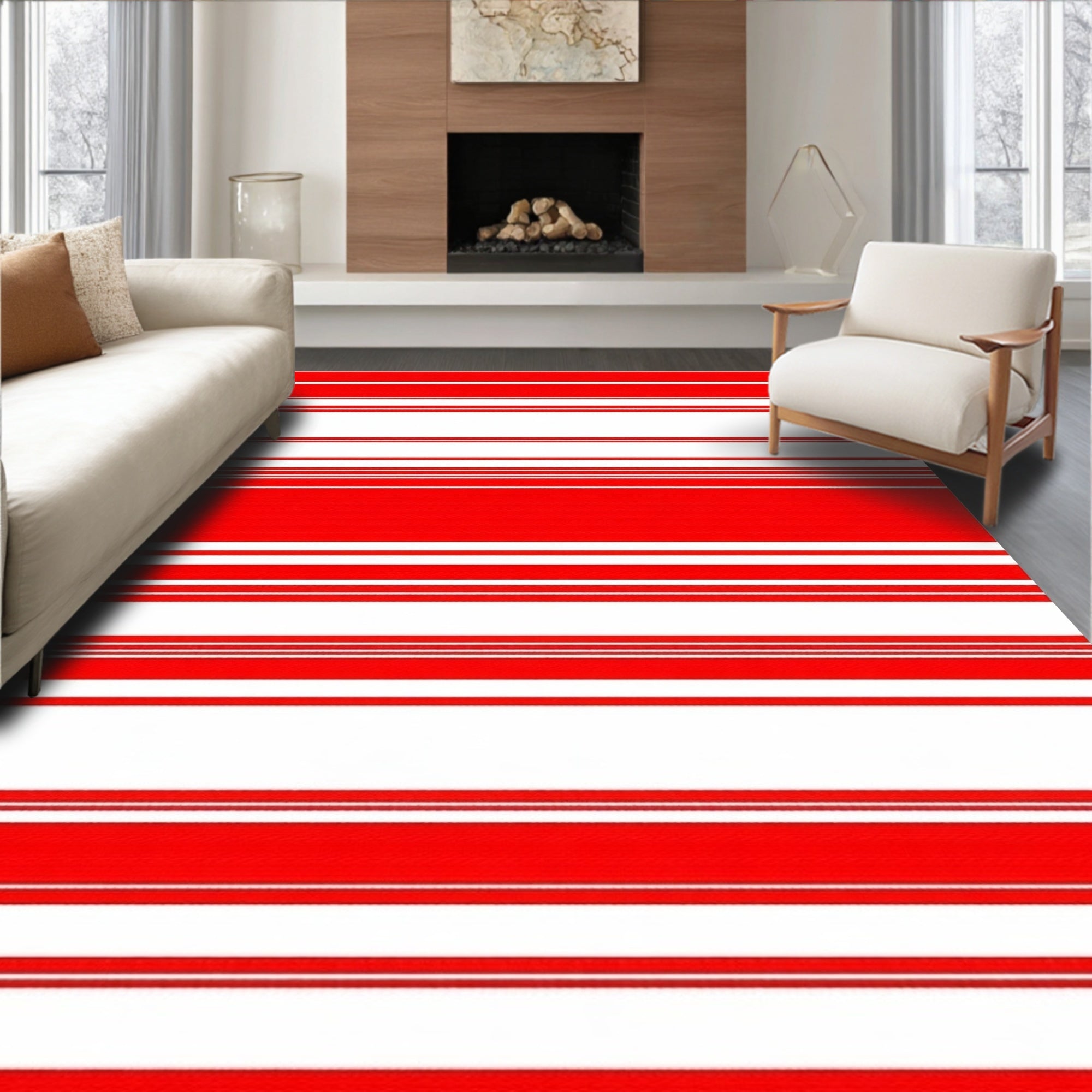Bold Red White Stripe Pattern Rug