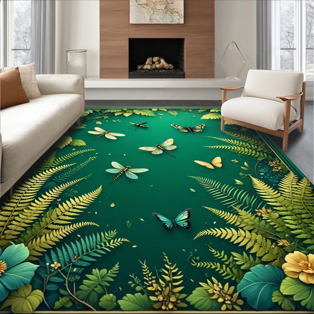 Lush Botanical Garden Butterfly Design Rug