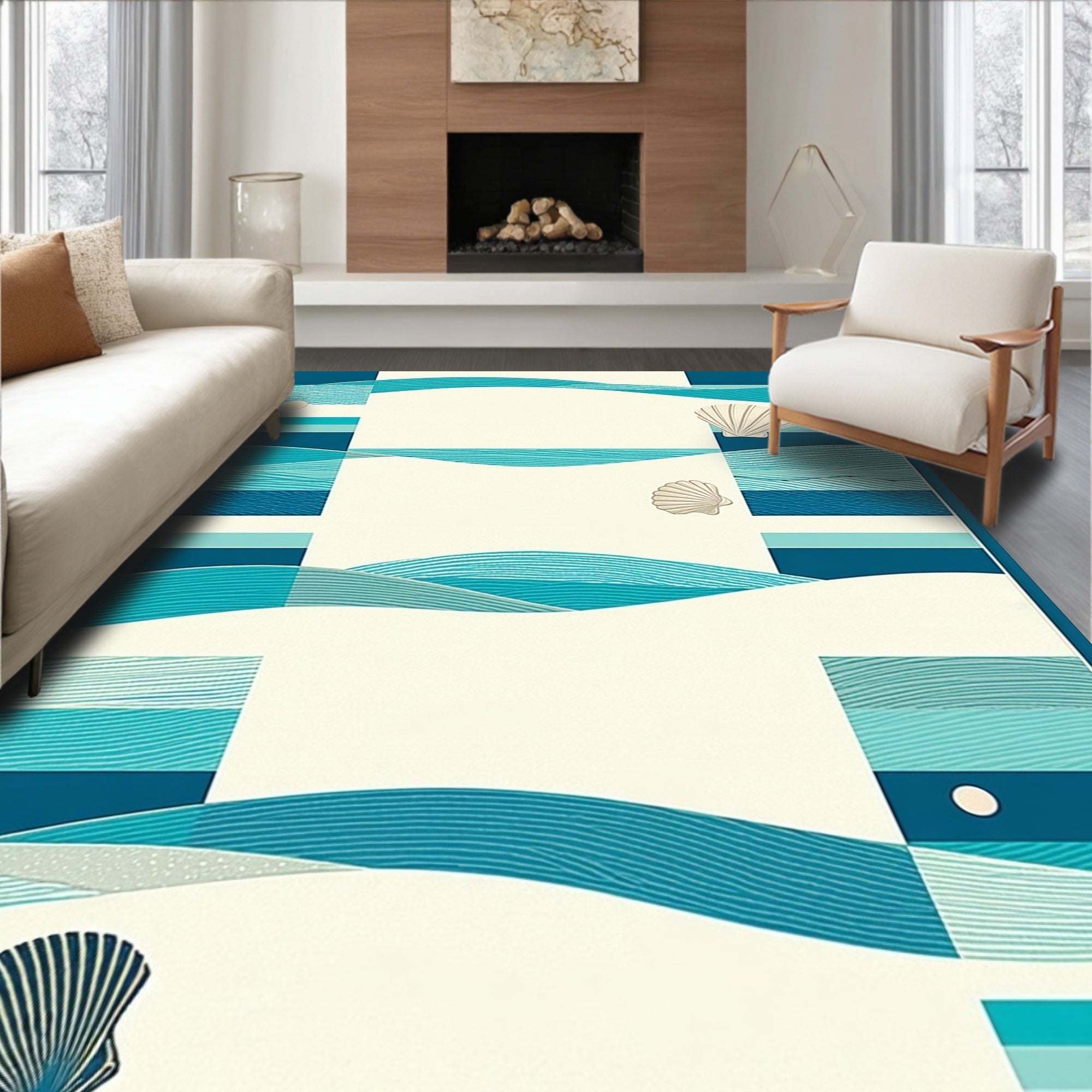 Coastal Waves Shells Motif Rug