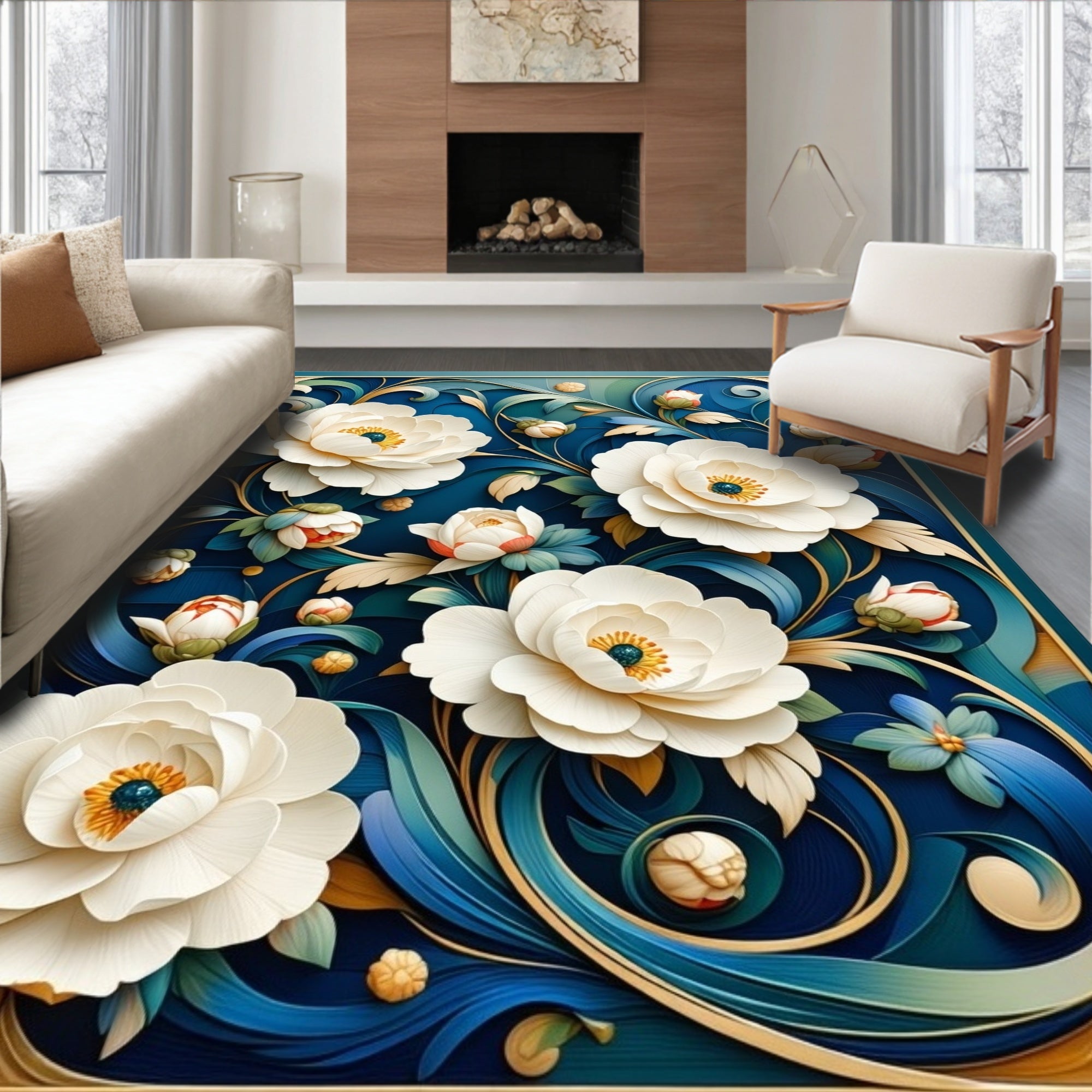 Opulent Floral Scroll Pattern Design Rug