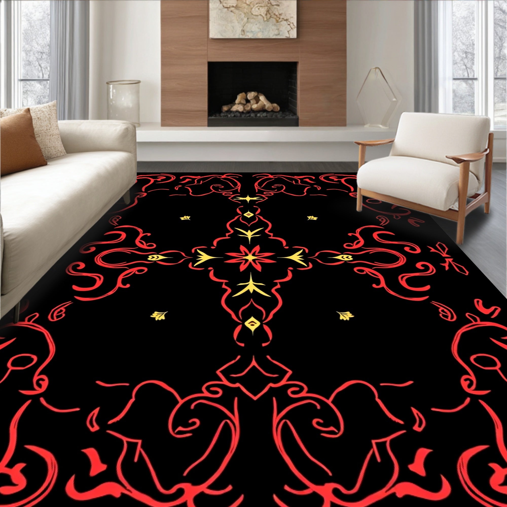 Red And Yellow Ornate Classic Design Rug