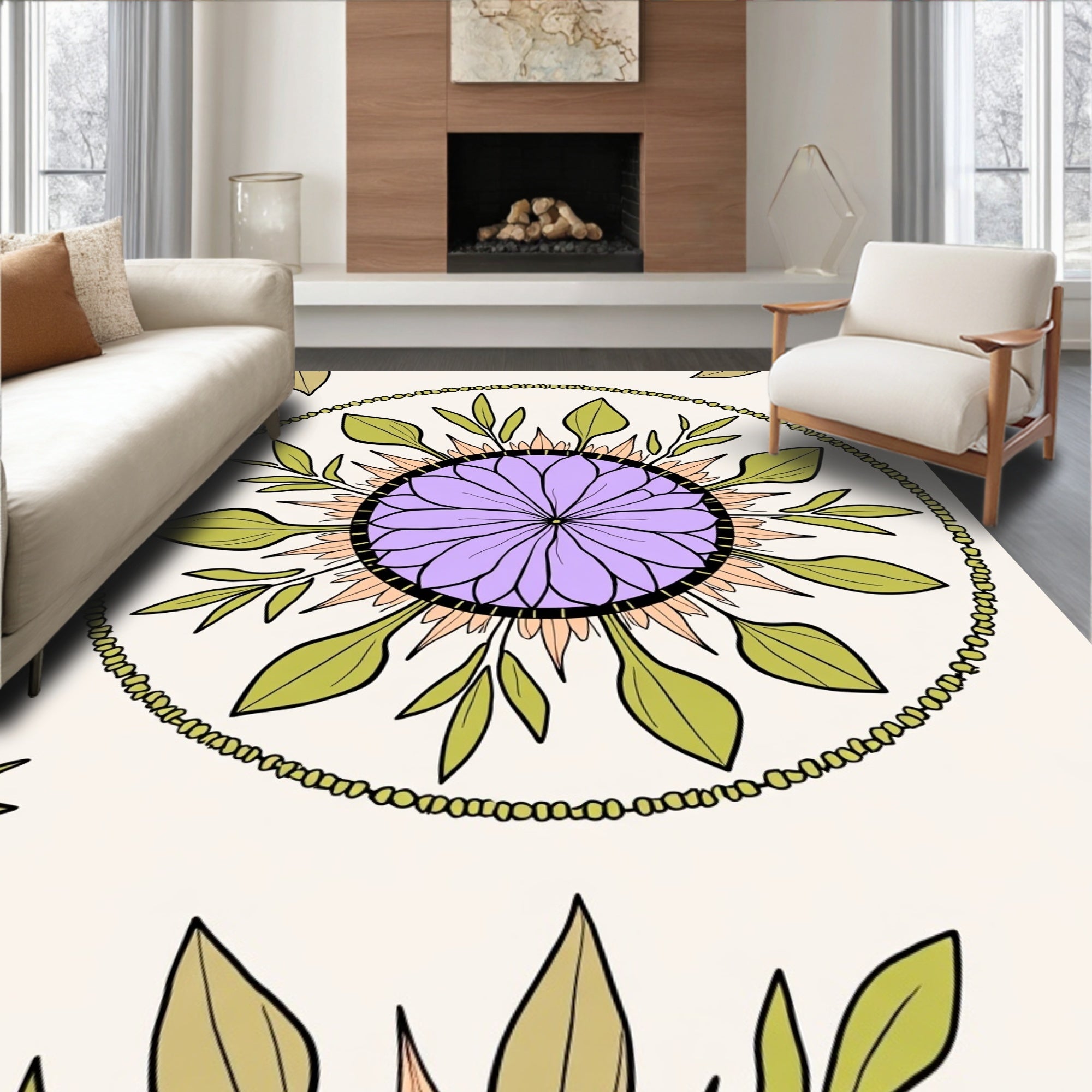 Floral Mandala Design In Cream Rug