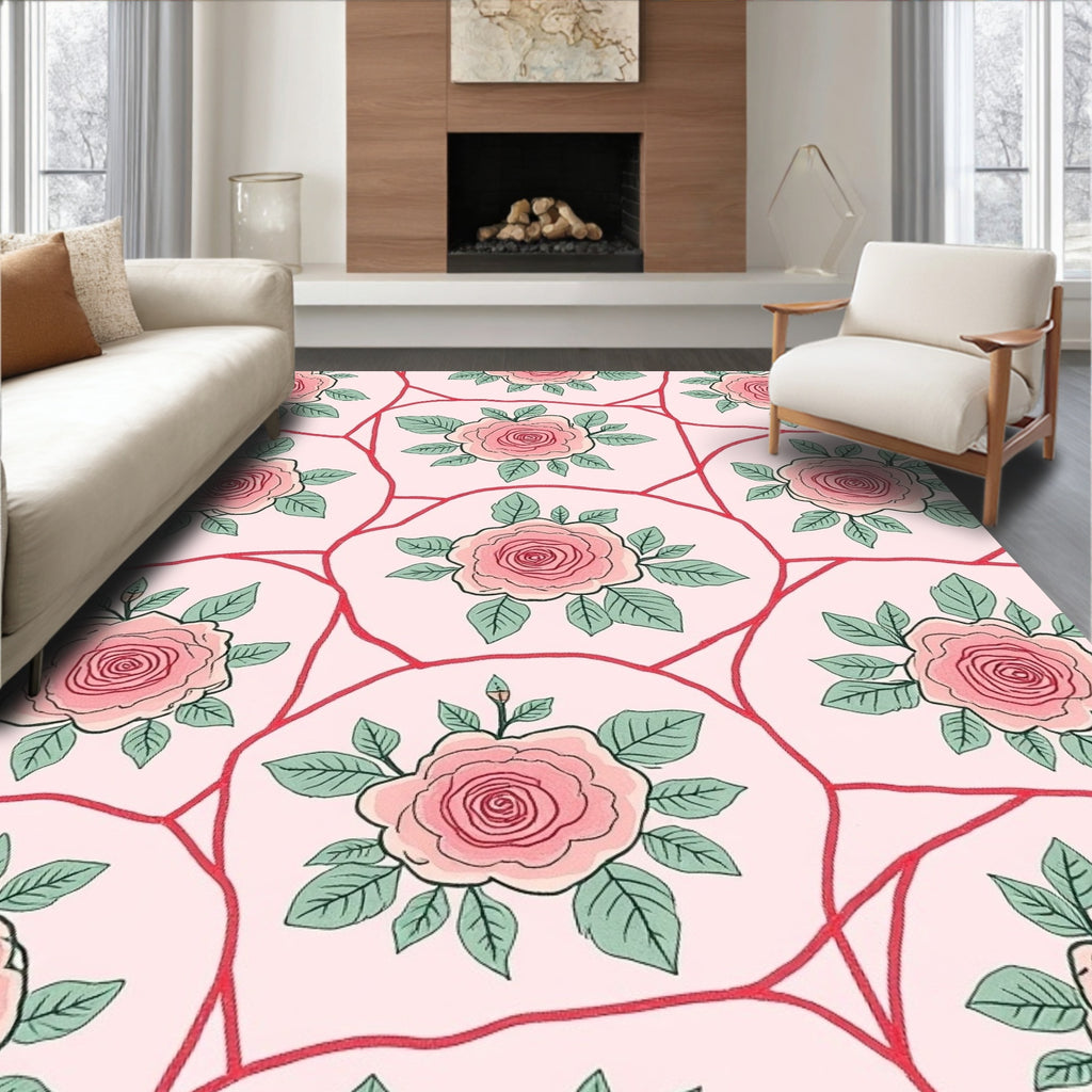 Pink Rose Floral Pattern Rug