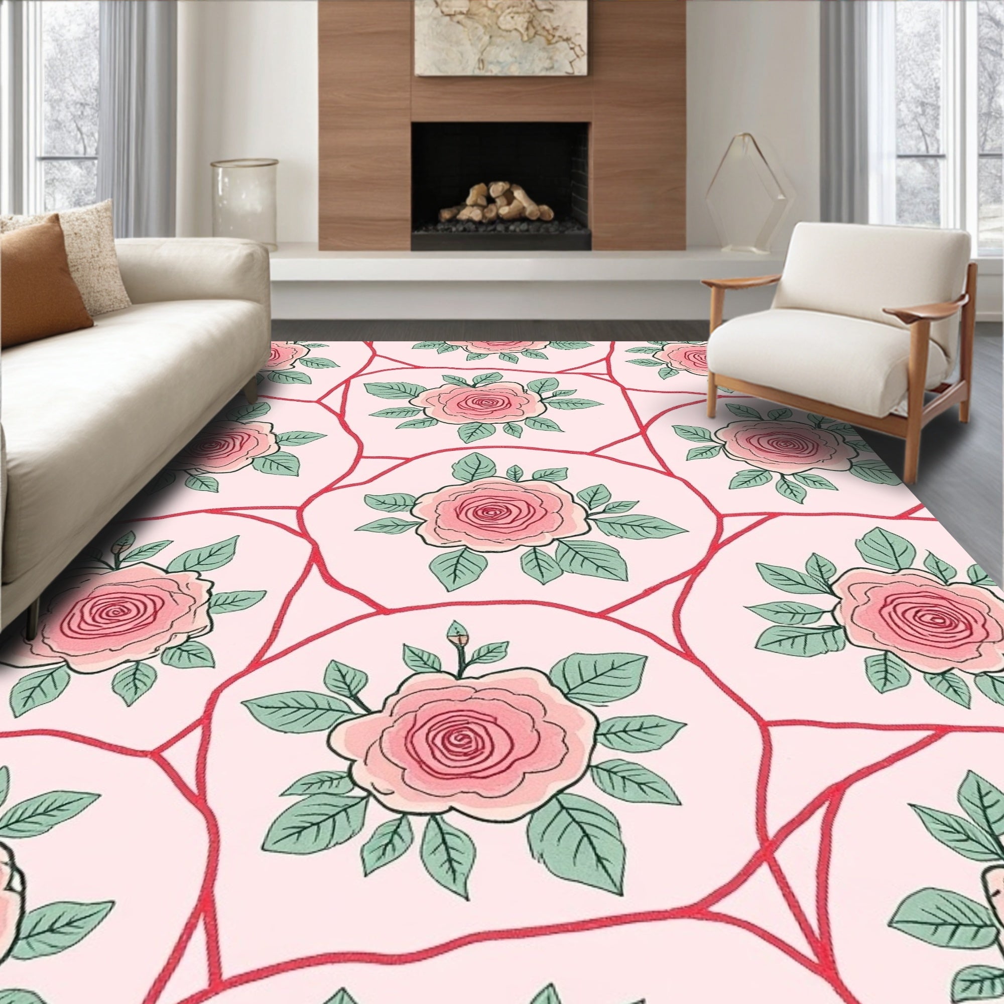 Pink Rose Floral Pattern Rug