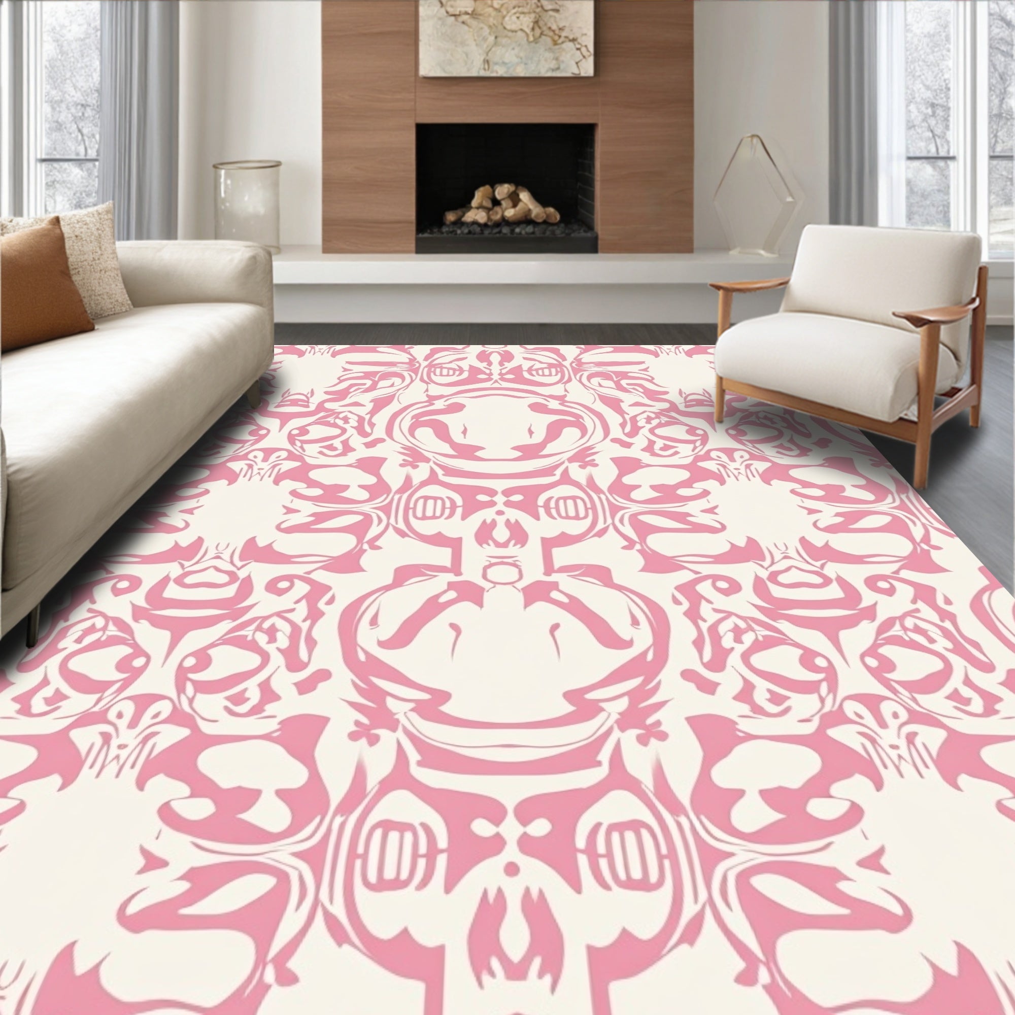 Pink Floral Symmetrical Ornament Rug