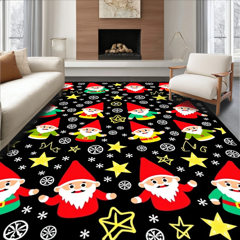 Festive Gnome Christmas Stars Black Rug
