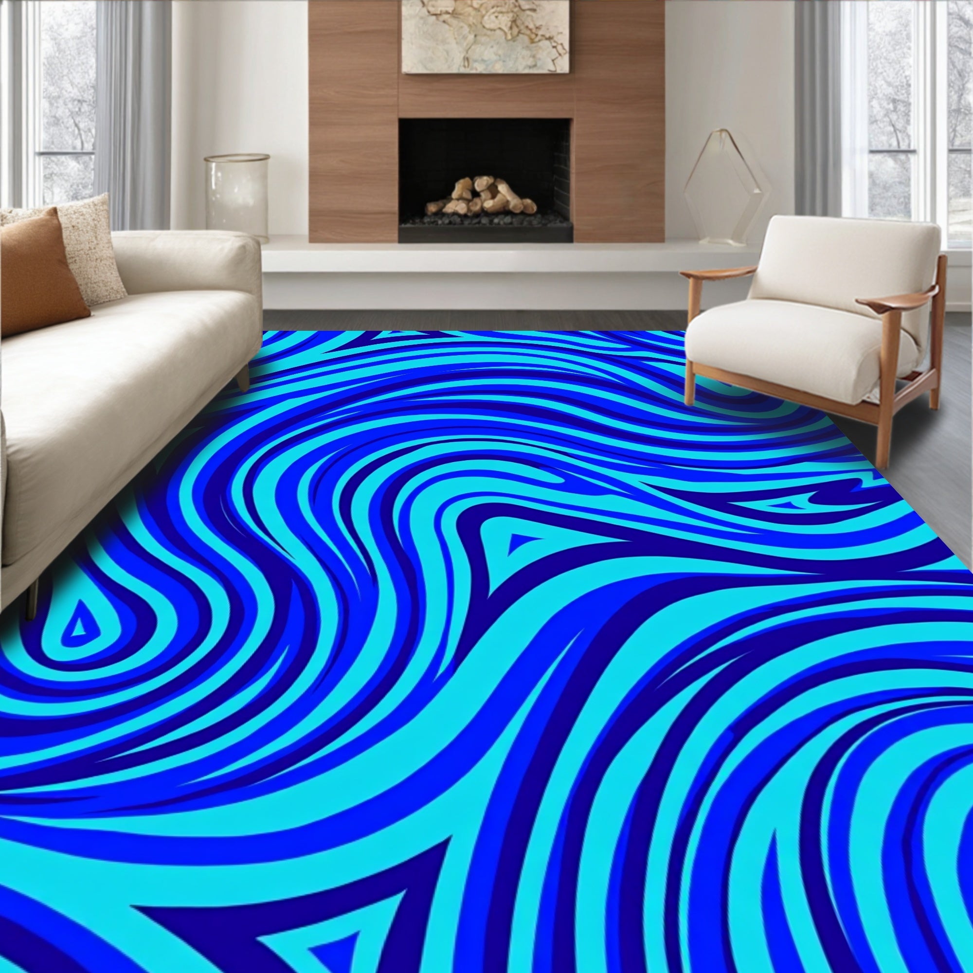 Vibrant Blue Swirl Pattern Design Rug