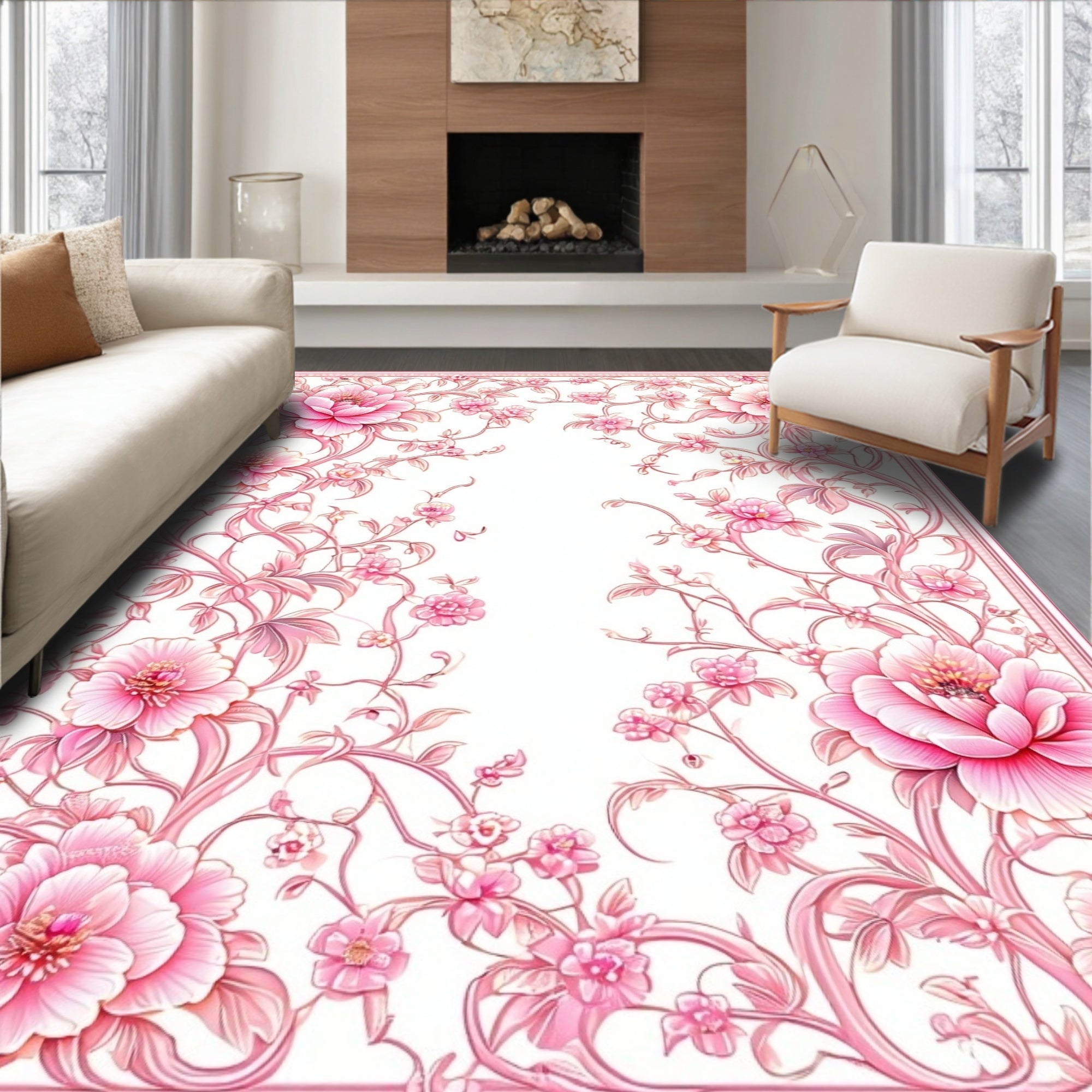 Elegant Pink Floral Vine Pattern Rug