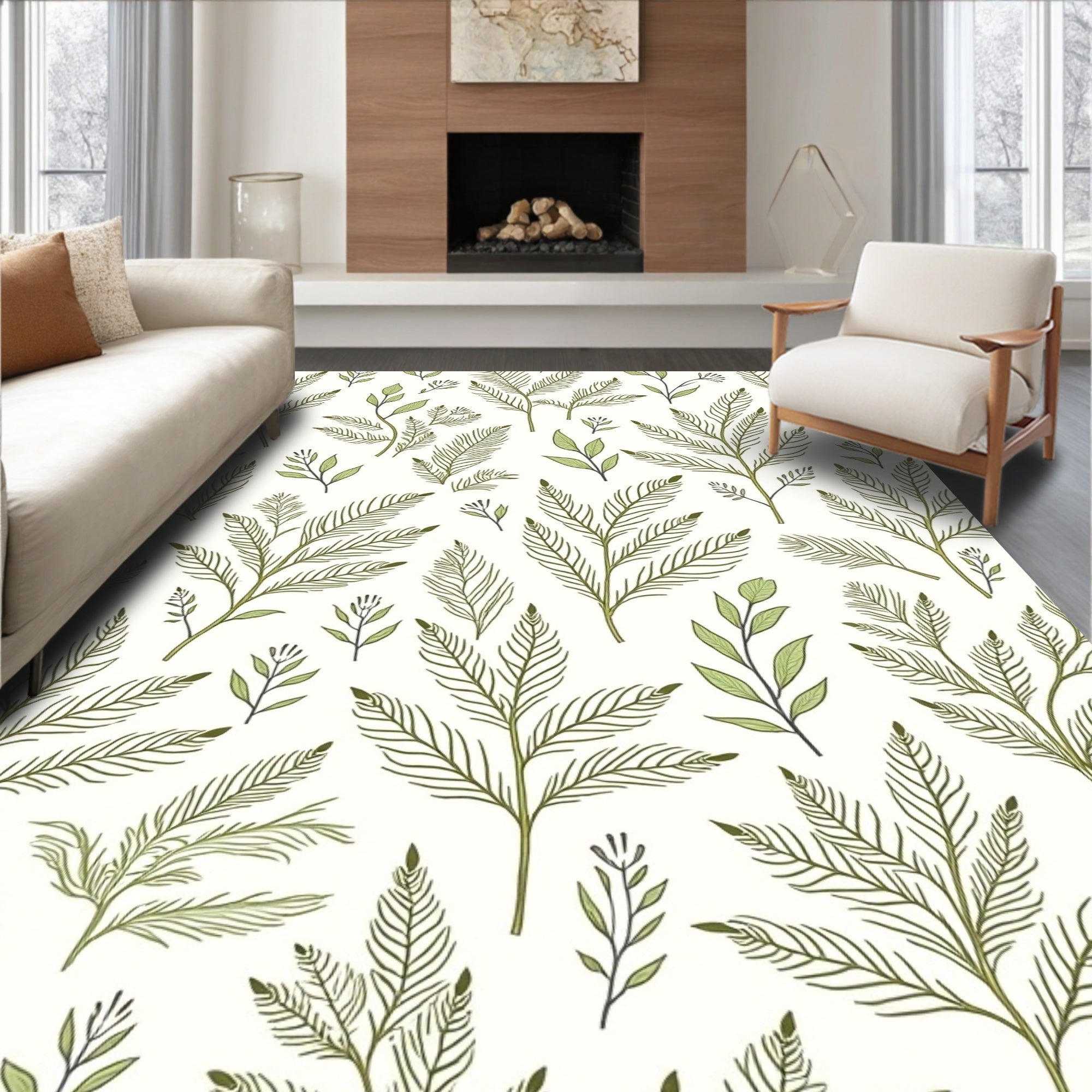 Delicate Green Leaf Botanical Pattern Rug