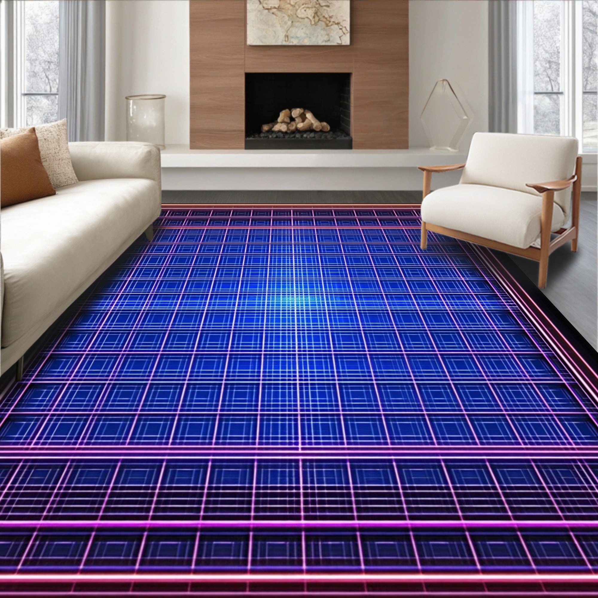 Geometric Neon Grid Pattern Rug
