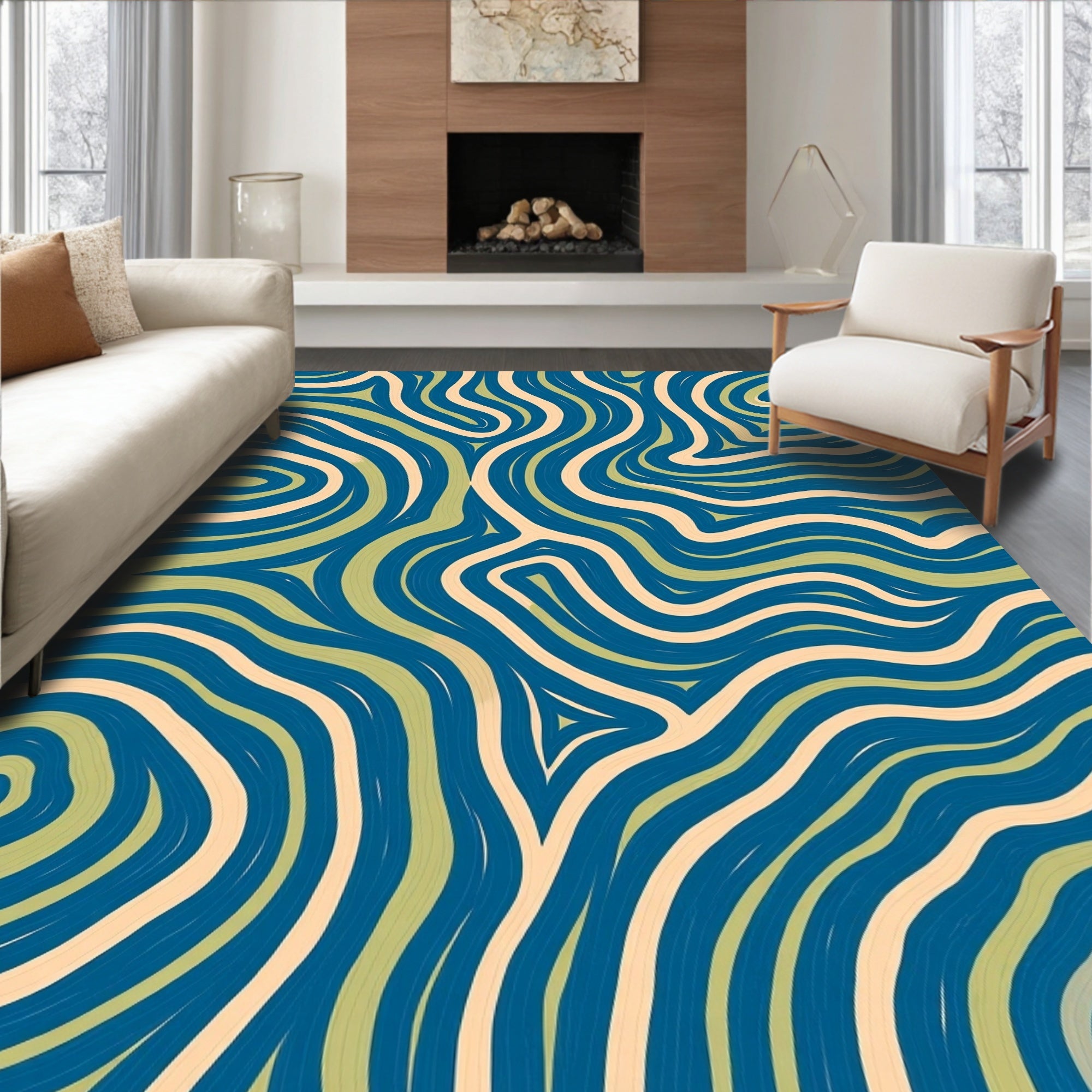 Deep Blue Cream Wavy Intertwined Lines Rug