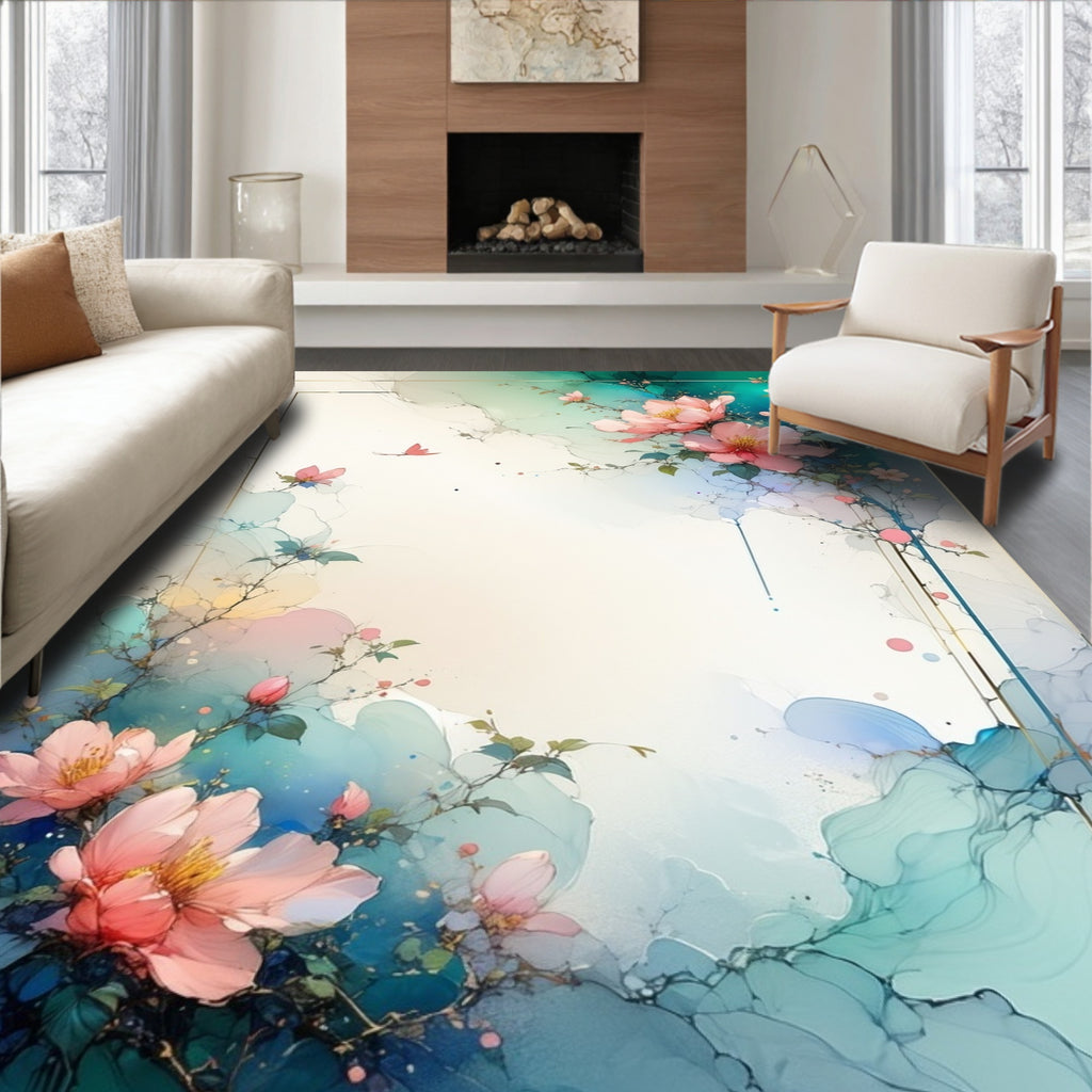 Soft Pink Floral Watercolor Style Rug