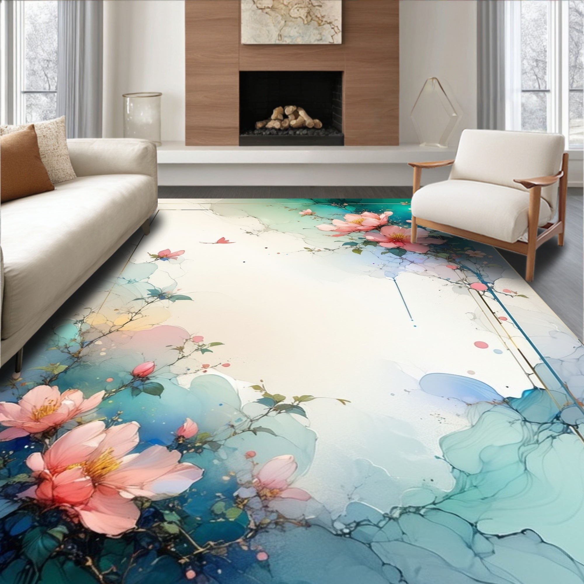 Soft Pink Floral Watercolor Style Rug