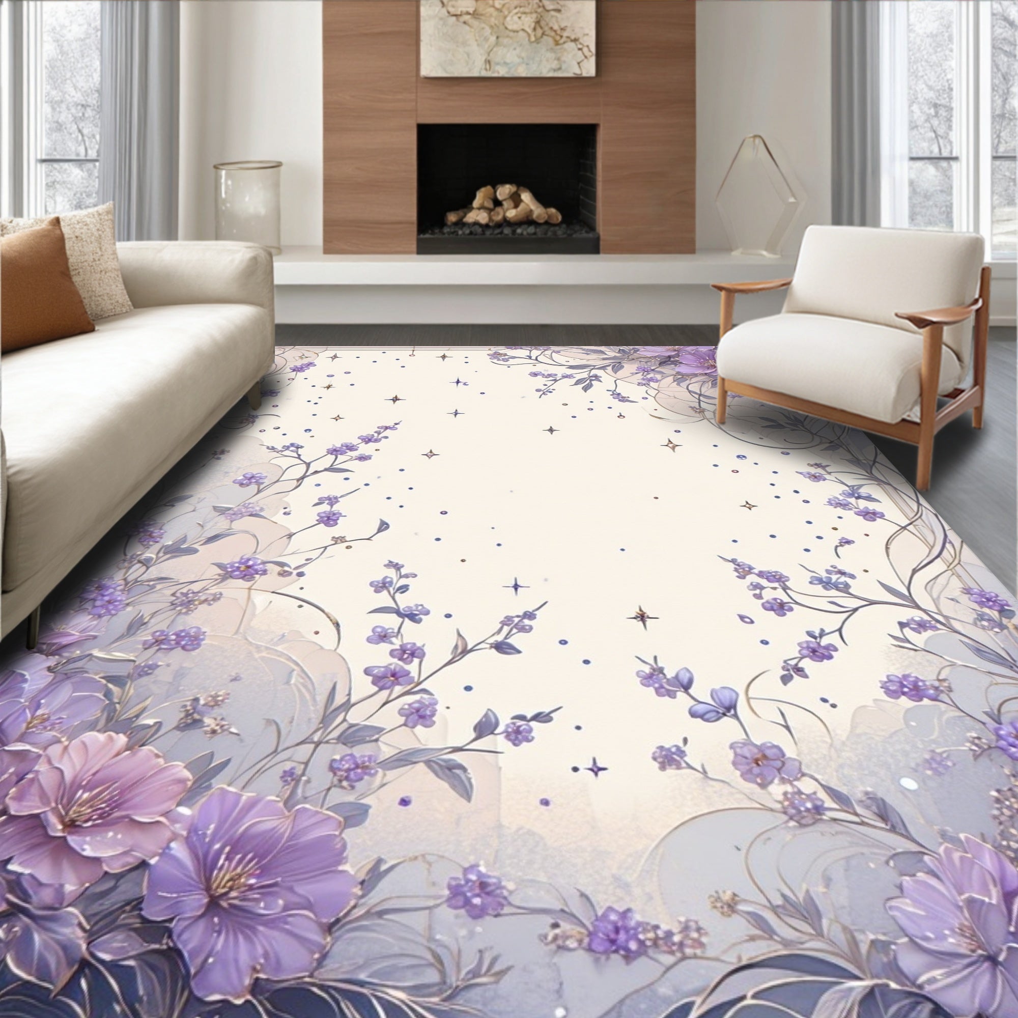 Purple Floral Vines Border Design Rug