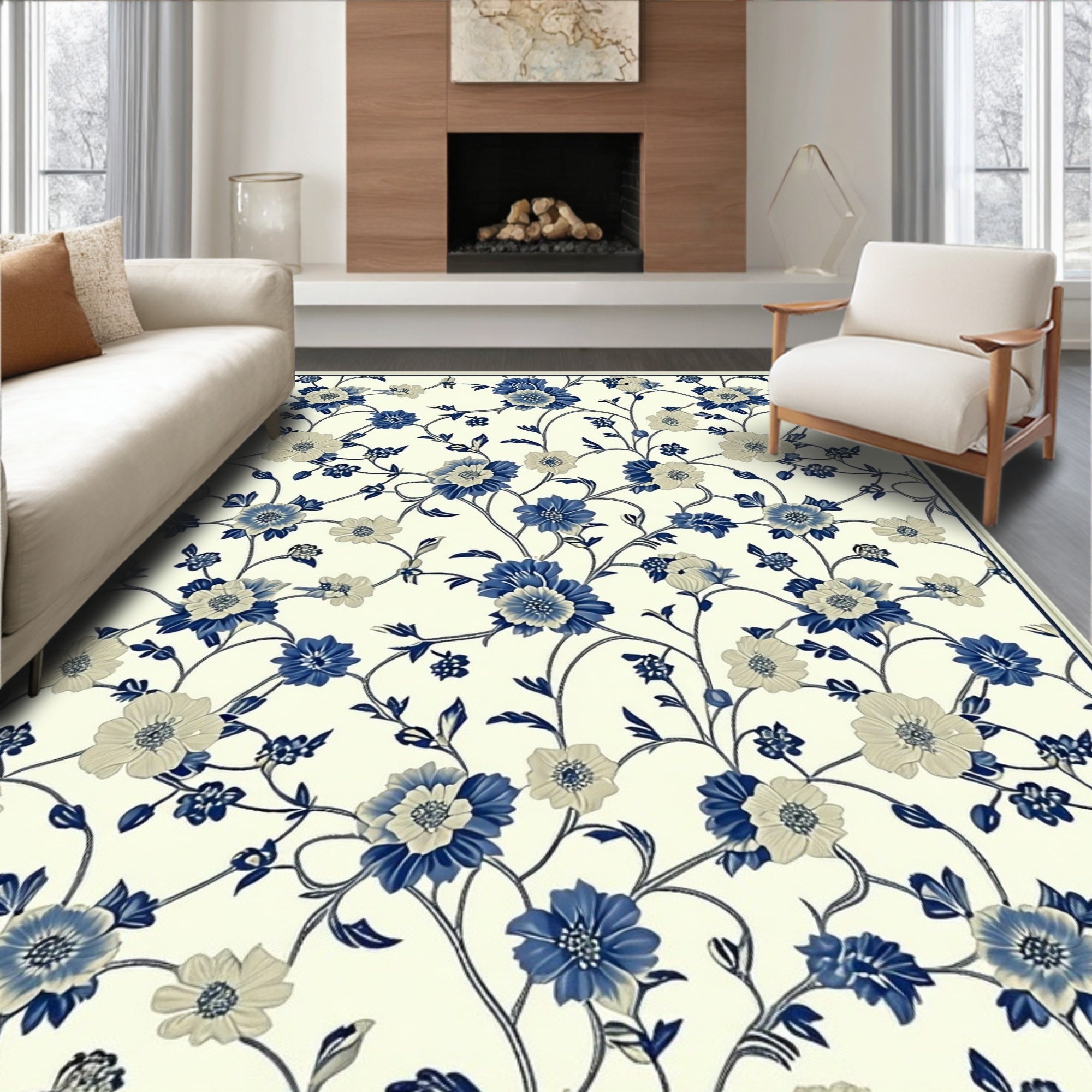 Vintage Blue Cream Floral Vines Rug