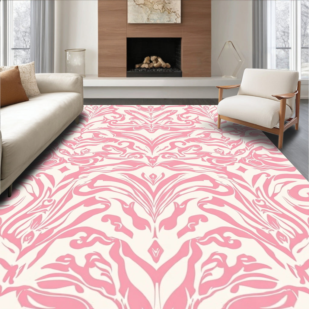 Damask Style Pink and Cream Pattern Rug