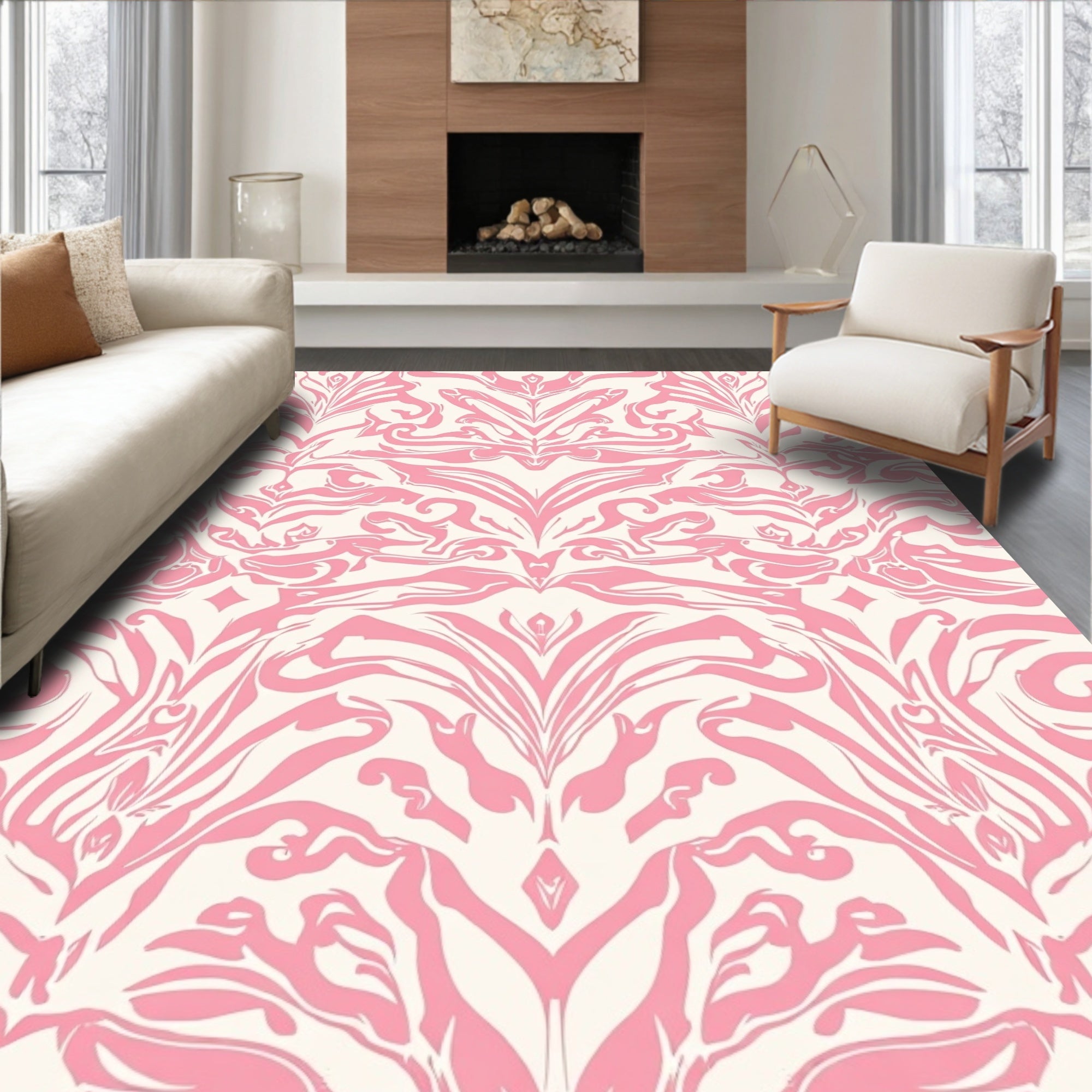 Damask Style Pink and Cream Pattern Rug